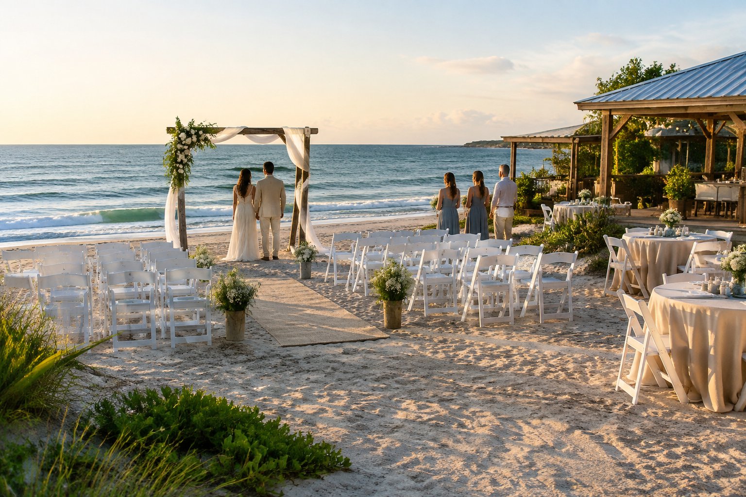 A couple stands beside a simple wedding arch and chairs on a sandy beach overlooking the ocean.