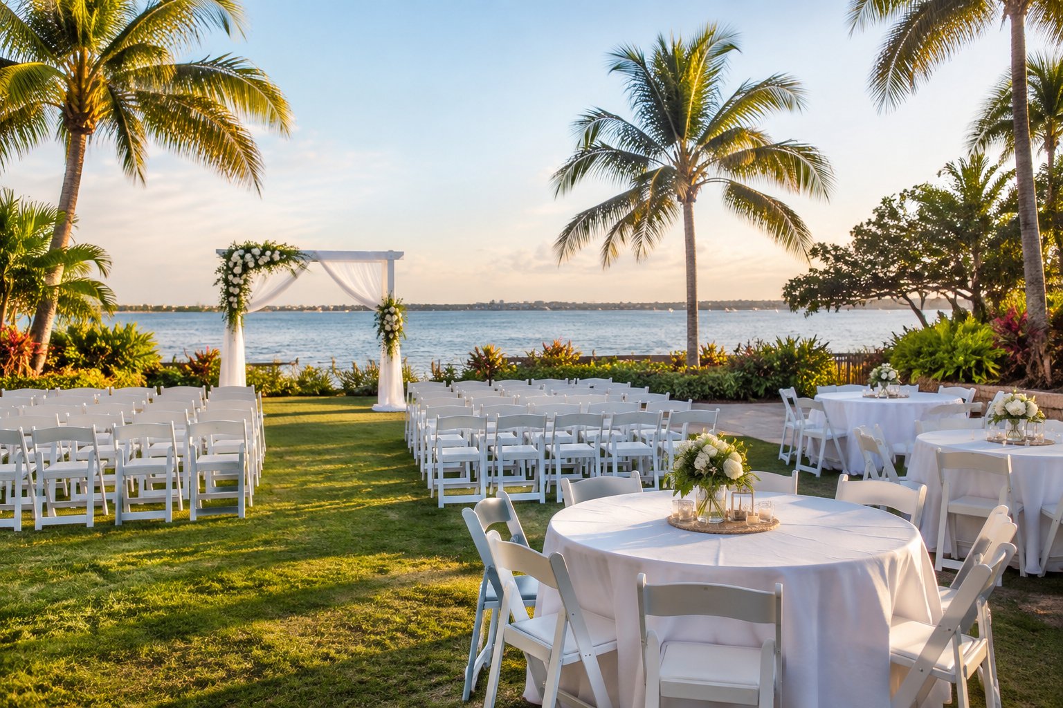 An outdoor wedding ceremony setup with white chairs, a floral arch, and tropical landscaping near calm water.