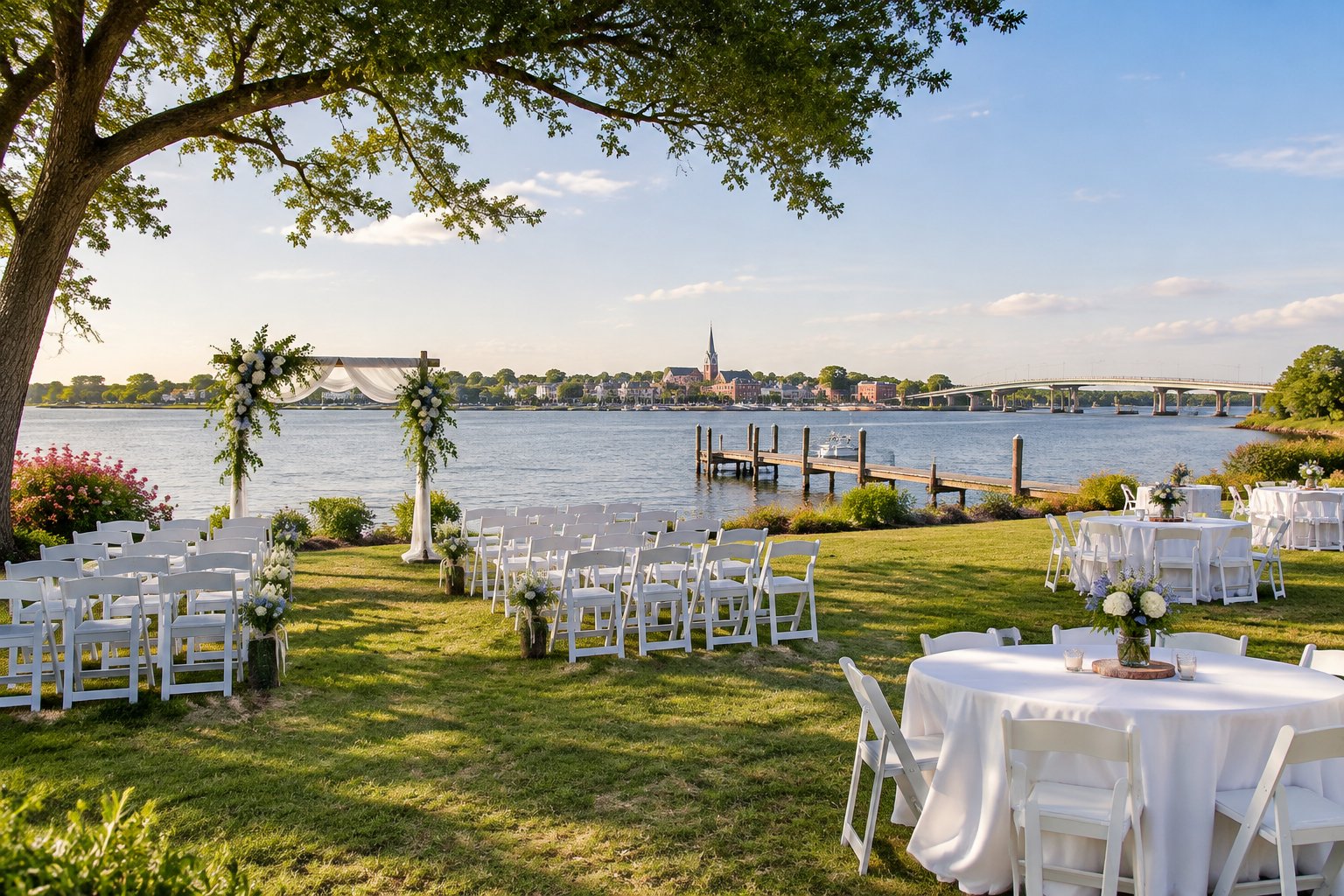 A simple riverside wedding setup on a grassy lawn near New Bern, North Carolina.