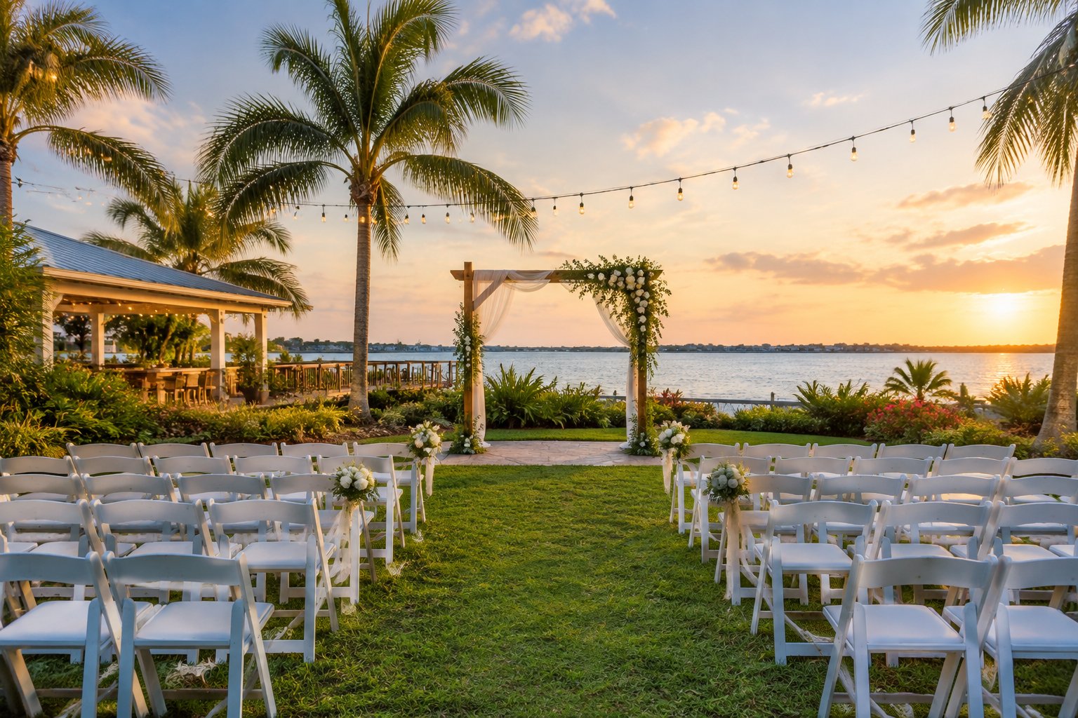 A charming Fort Myers wedding venue with simple outdoor seating, tropical greenery, floral decorations, and warm string lights.