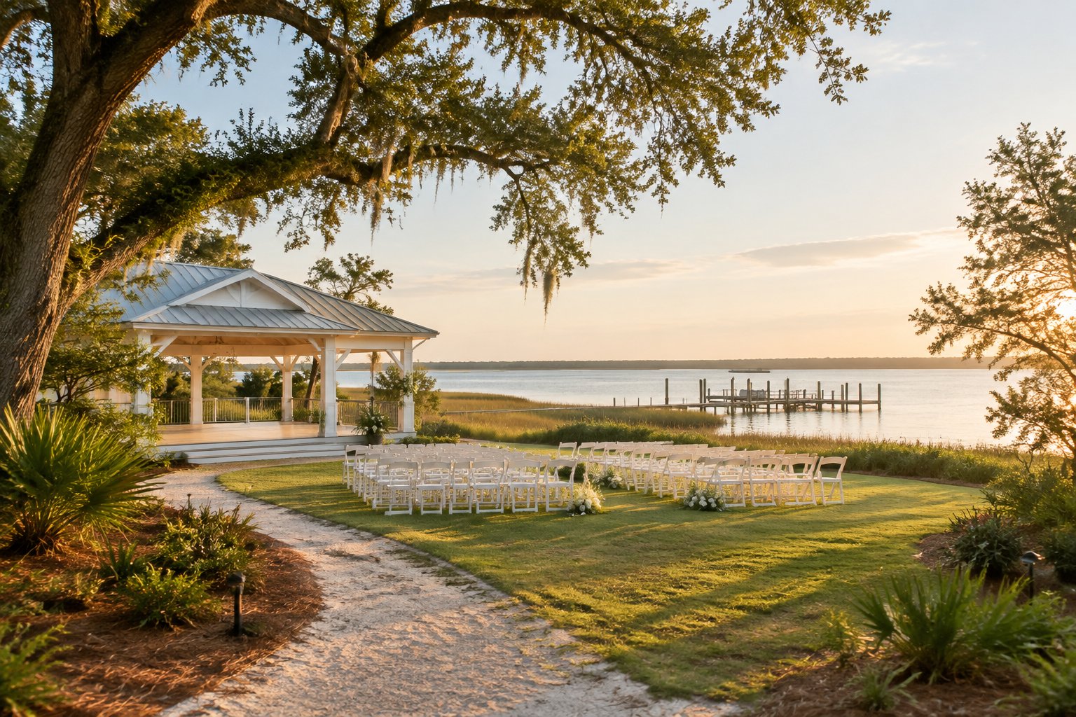 A simple waterfront wedding venue with a ceremony setup beside coastal marshland and calm water.