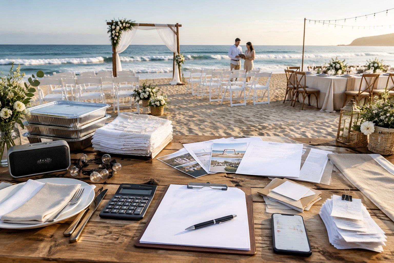 A modest beach wedding setup with budgeting documents, a calculator, rental items, and reception supplies near the shoreline.