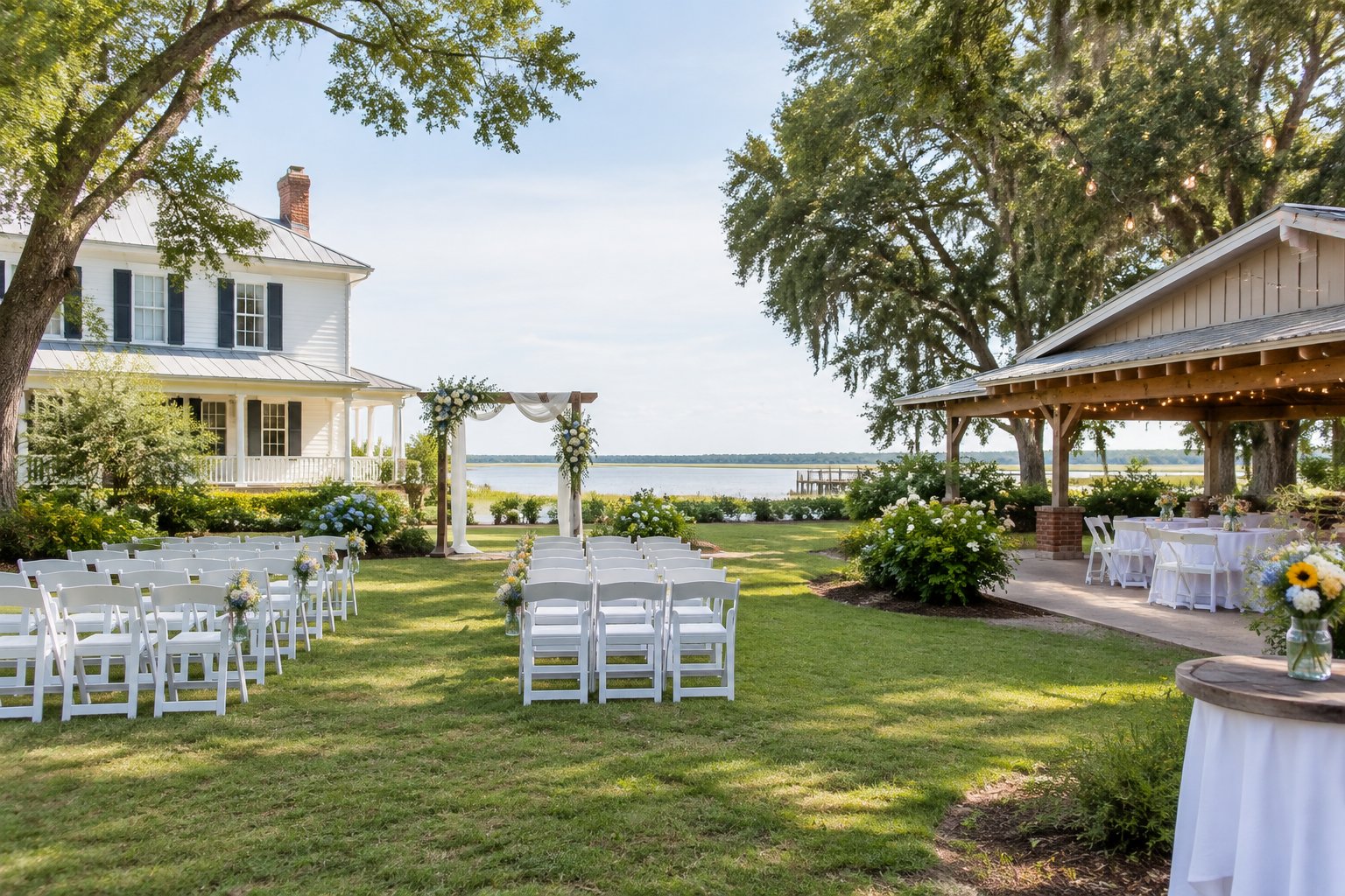A modest outdoor wedding setup beside a charming Southern building with chairs, flowers, and string lights.