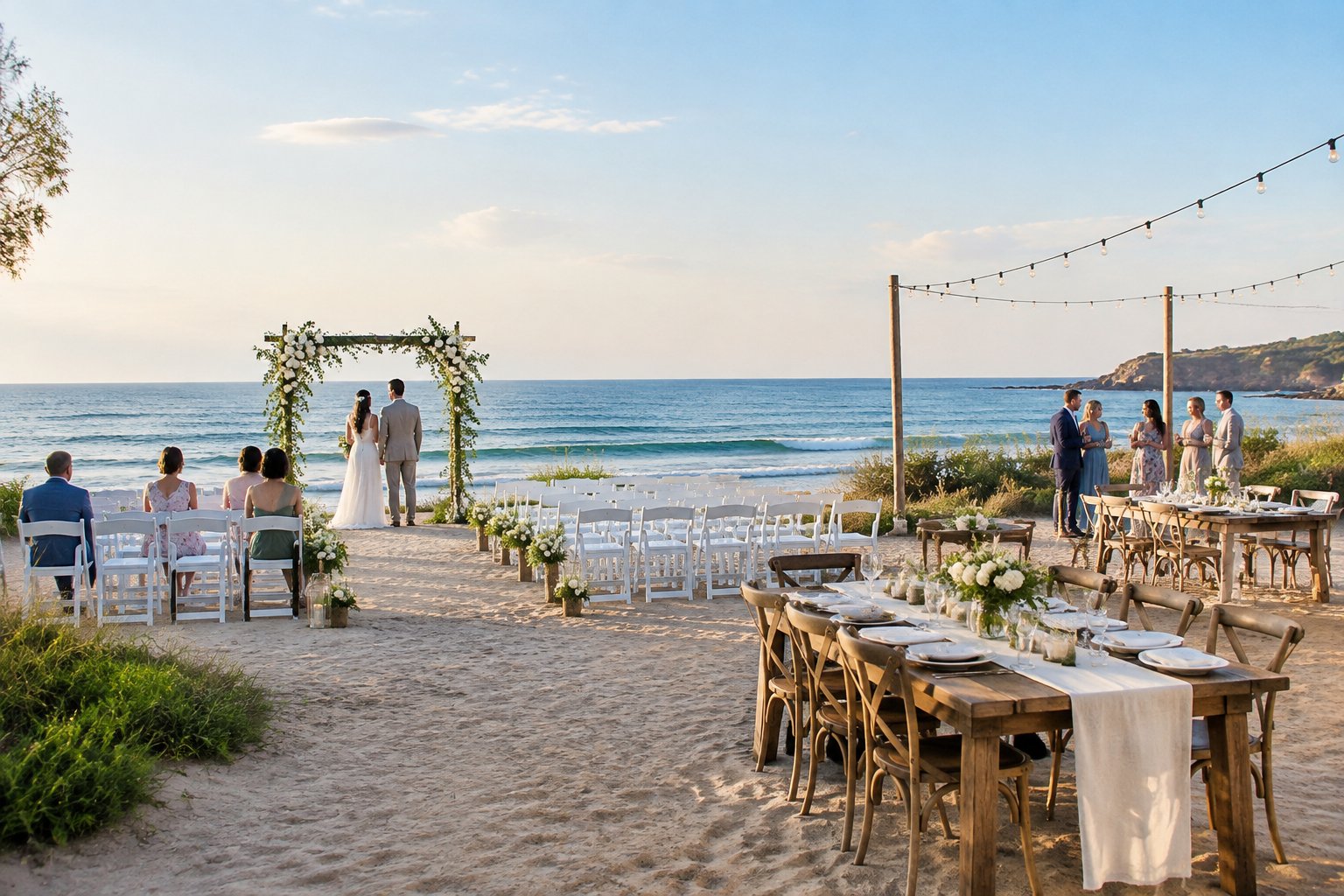 A simple beach wedding ceremony and reception setup overlooking the ocean.