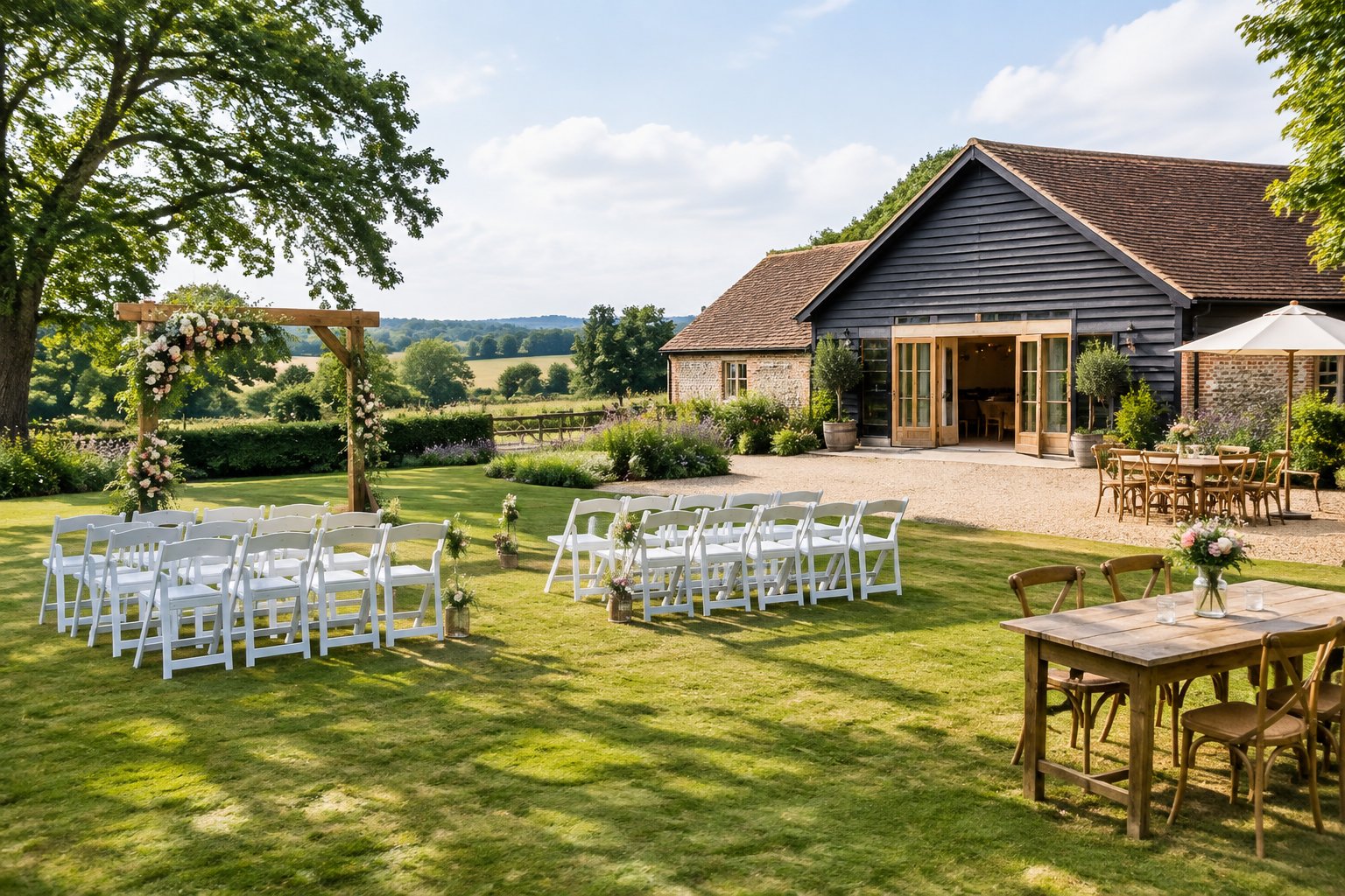 A charming countryside wedding venue with simple outdoor seating, a floral arch, and reception tables.