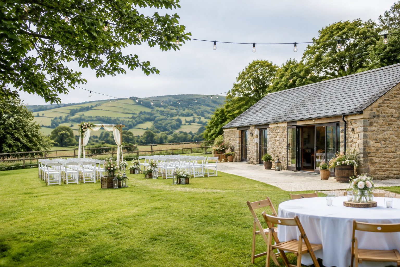 A simple decorated wedding venue in the North West English countryside surrounded by green fields and trees.