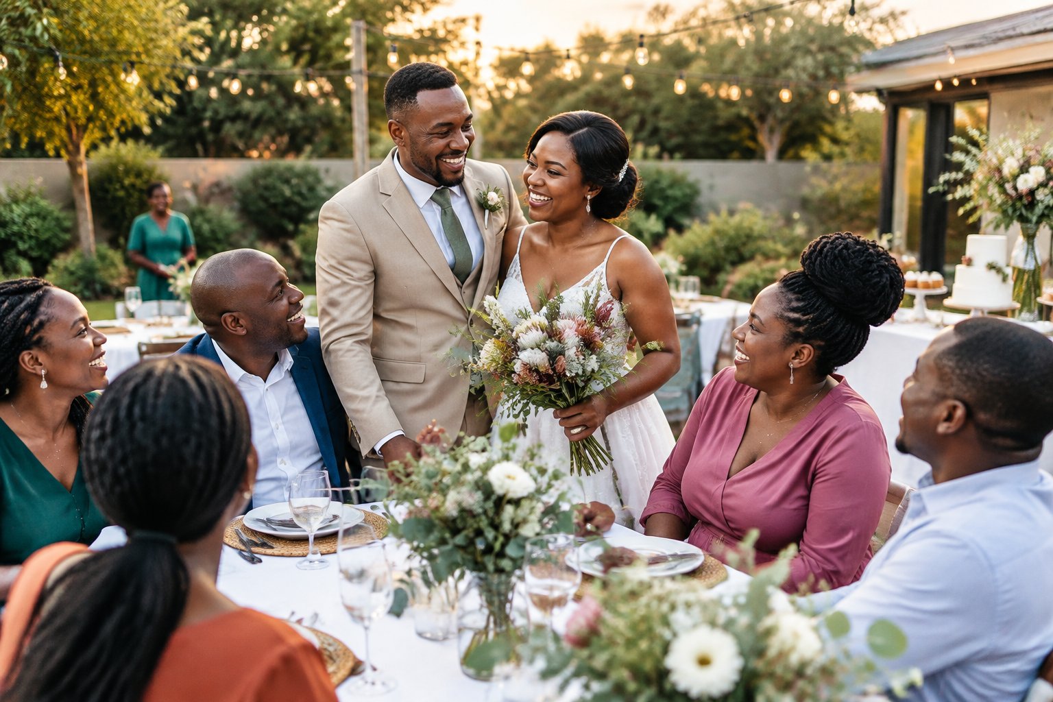 A newlywed couple celebrates with family and friends at a modest outdoor wedding venue in Gauteng.