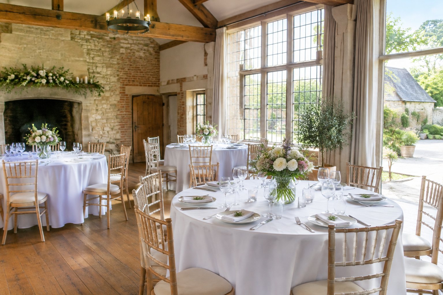 A modest wedding reception arranged in a charming historic venue with simple floral centerpieces and a garden visible through the windows.