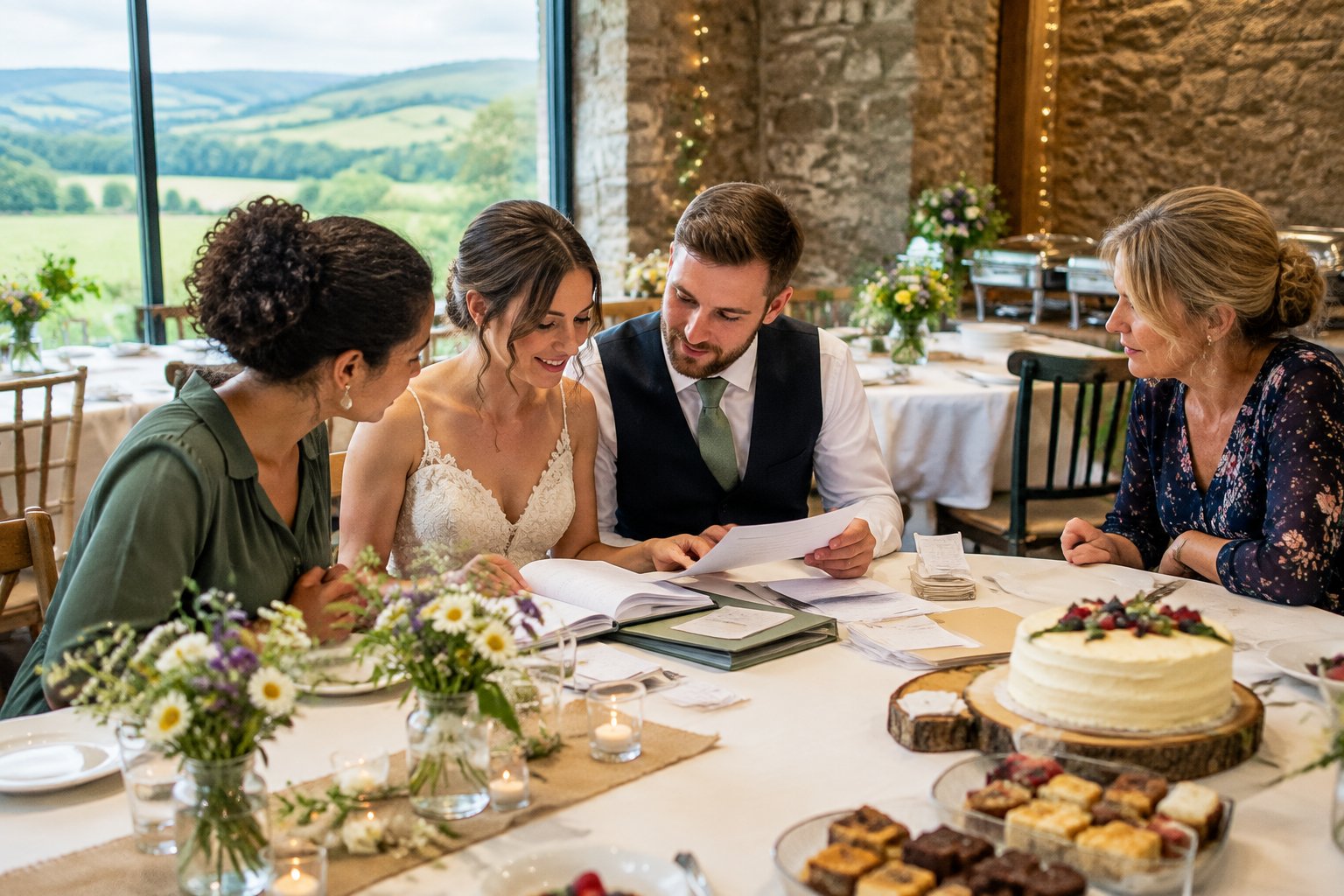 A newlywed couple reviews wedding expenses at a simply decorated reception venue in the English countryside.