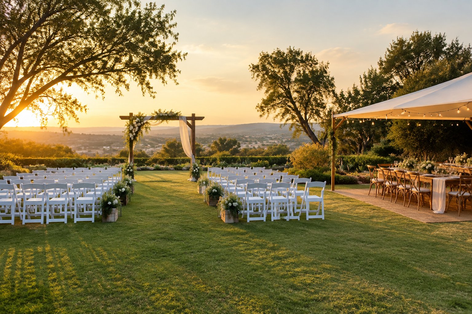 An affordable outdoor wedding venue with garden seating, simple decorations, and a reception area in a sunny landscape.