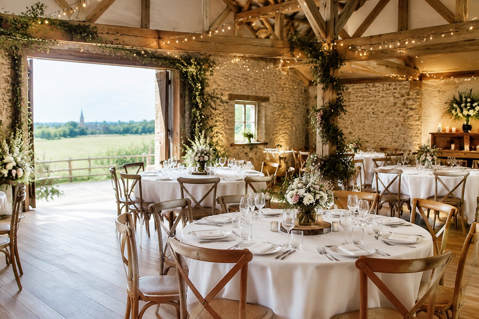 A simply decorated wedding reception venue with tables, flowers, and string lights in an English countryside setting.