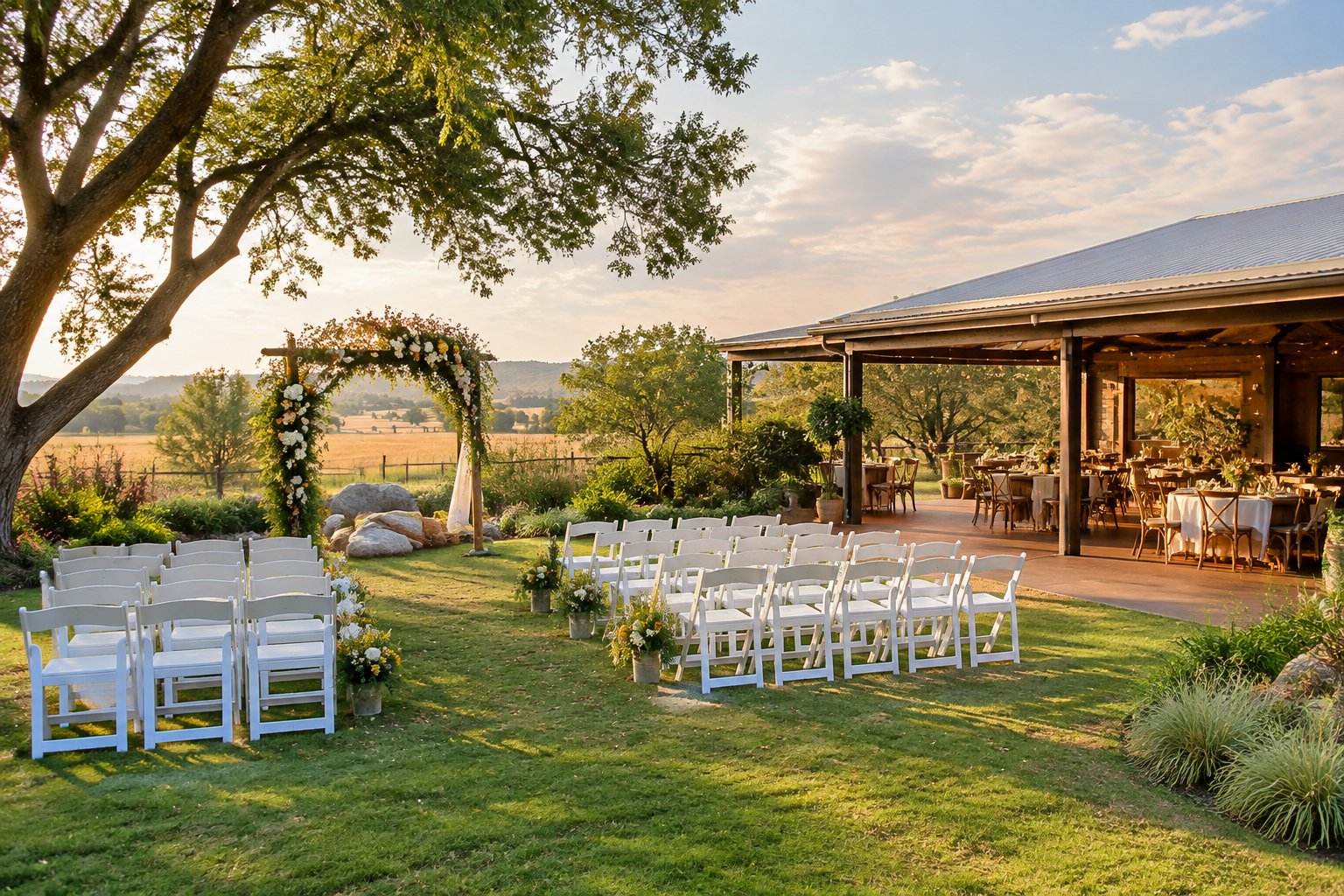 An elegant, affordable outdoor wedding venue with white chairs, a floral arch, and a simple reception area in a landscaped Gauteng setting.