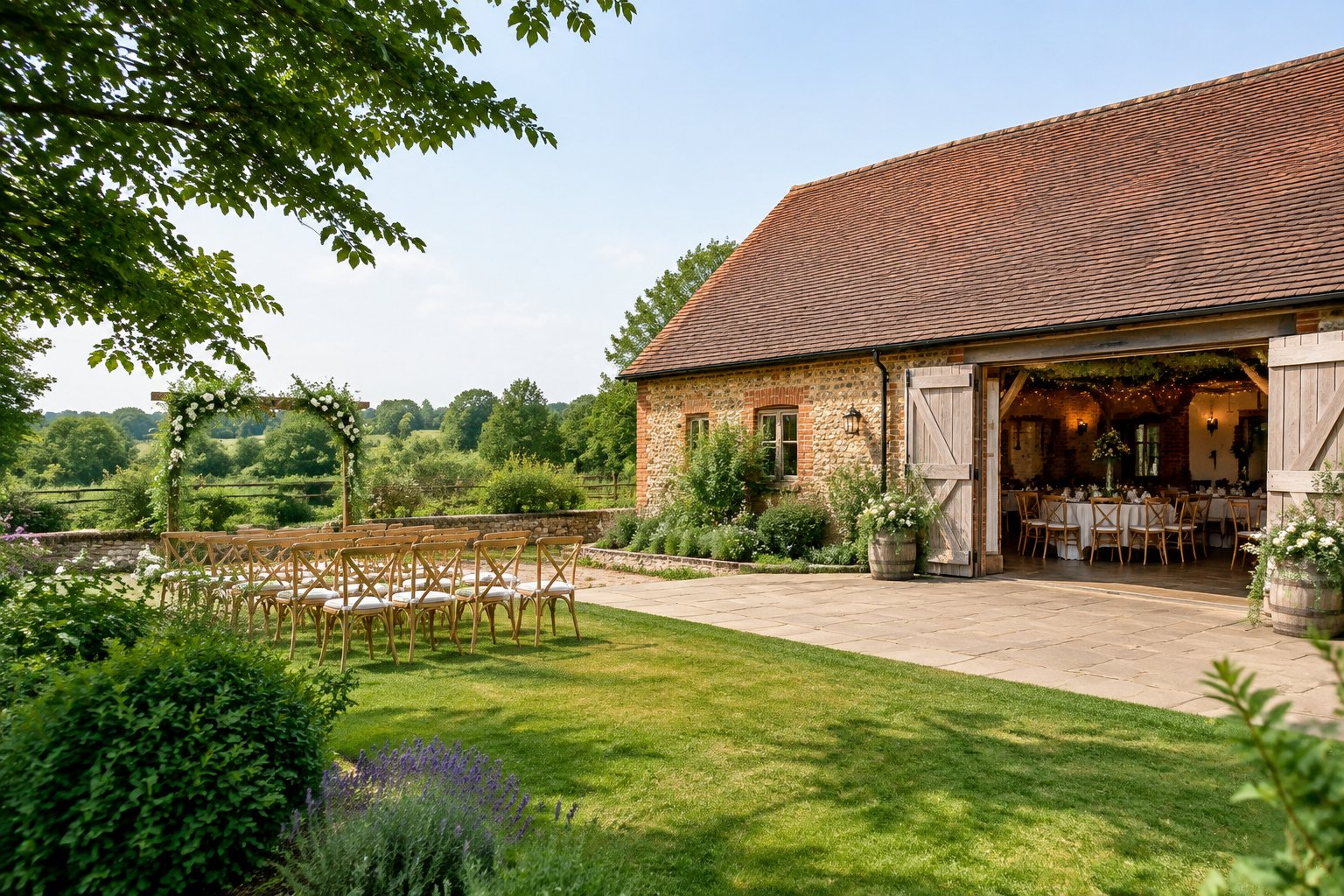 A charming countryside wedding venue near Chichester with garden seating and simple reception decorations.