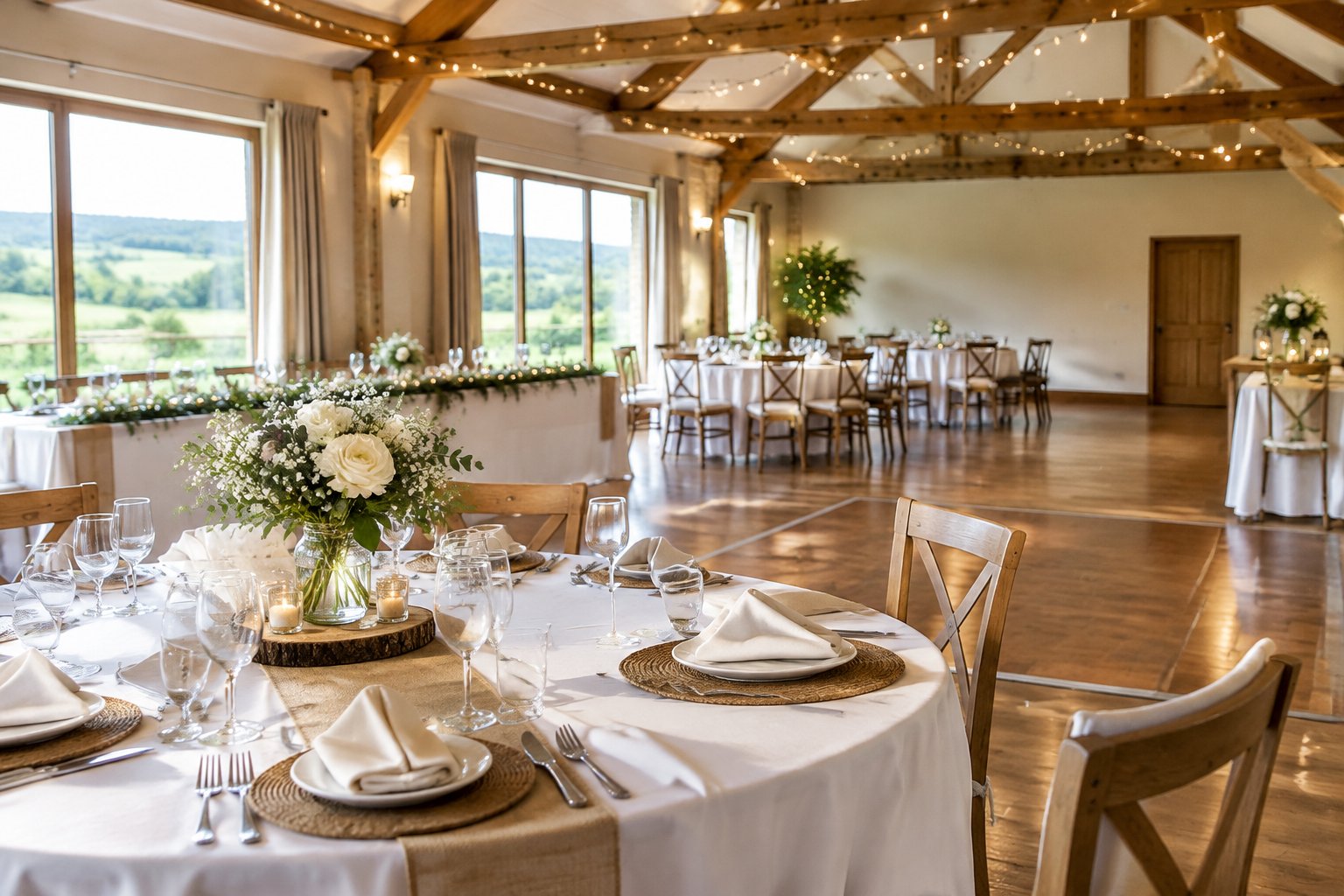 A simple wedding reception setup in an affordable countryside venue.
