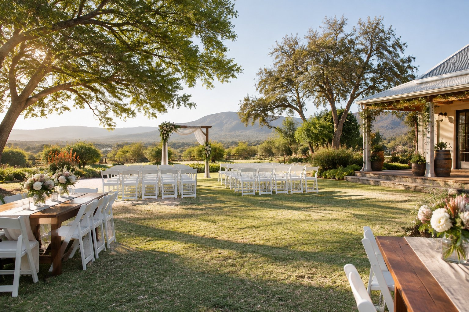 A simple outdoor wedding venue with white chairs, decorated tables, and greenery in a sunny garden.