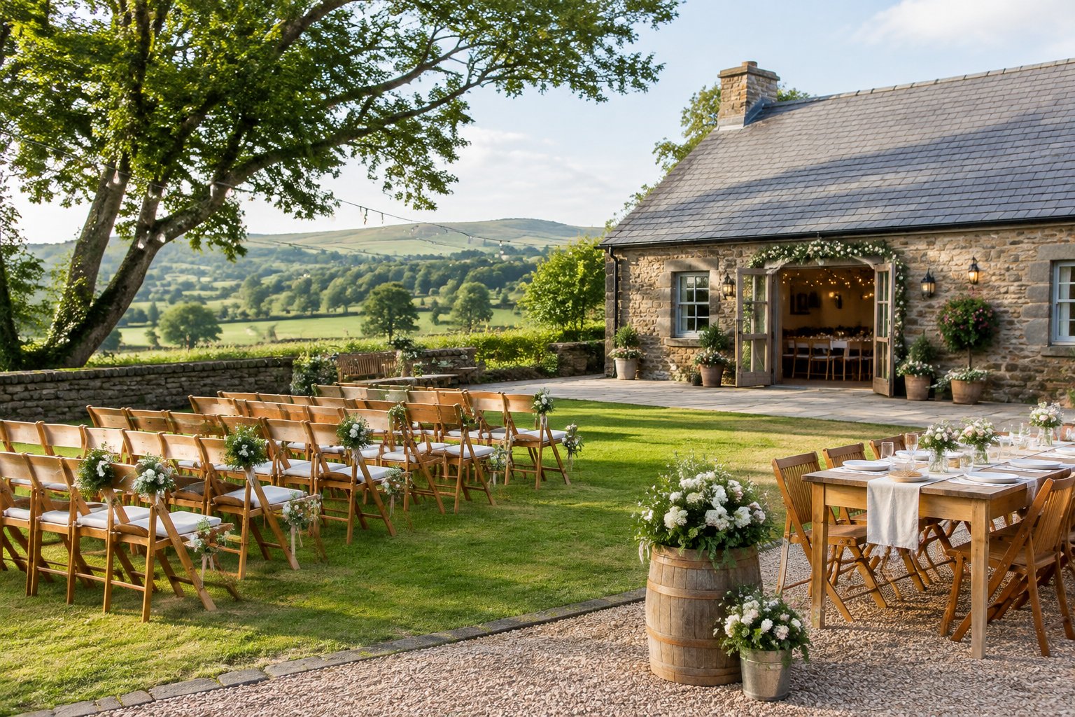 A charming affordable wedding venue in the North West countryside with simple decorations and outdoor seating.