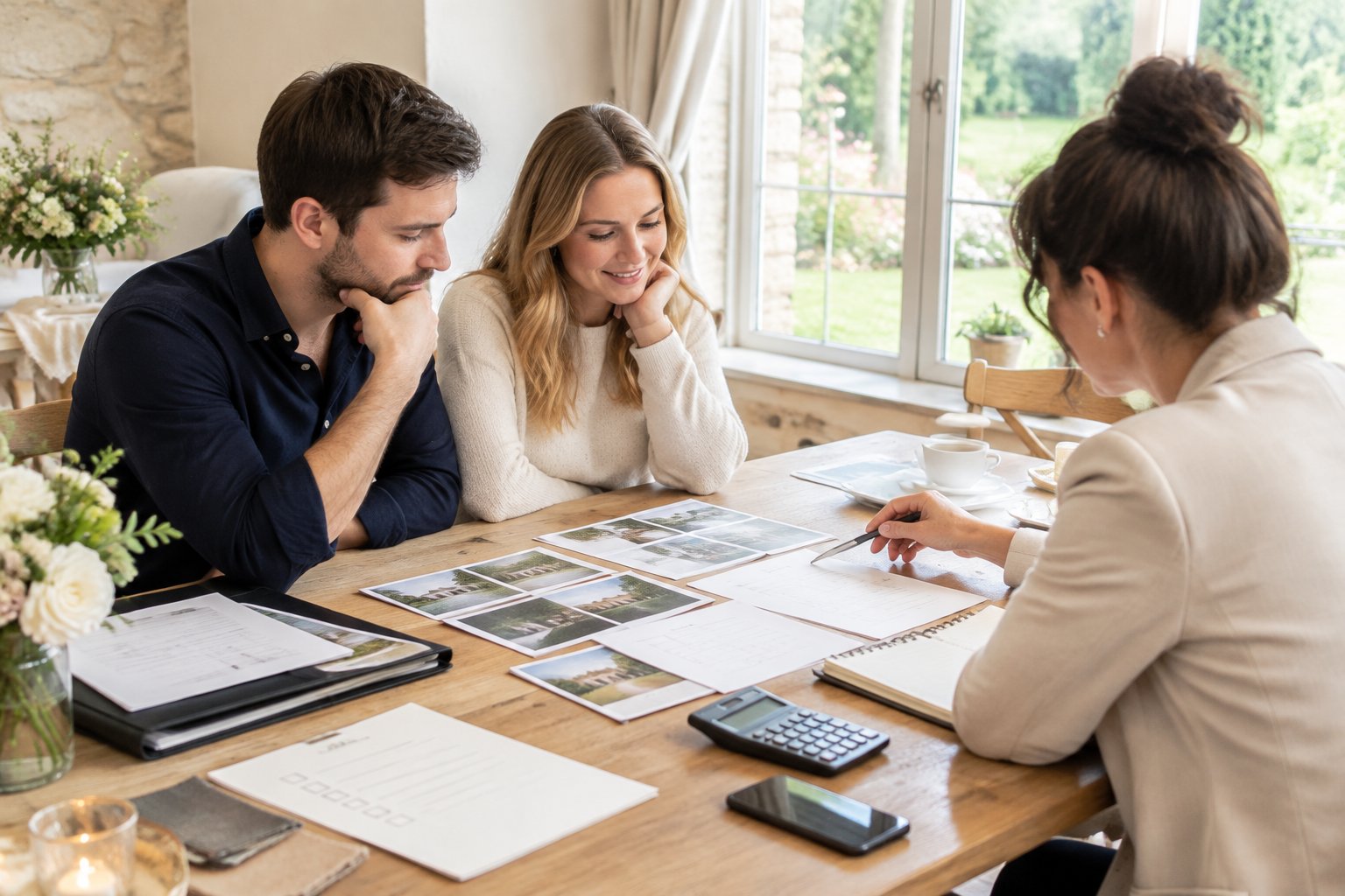 A couple and a wedding planner compare venue quotes and budget materials at a table in an elegant venue.