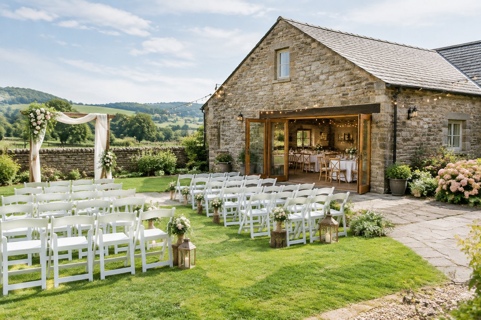 A modest countryside wedding venue with simple outdoor seating, flowers, and decorated reception tables.