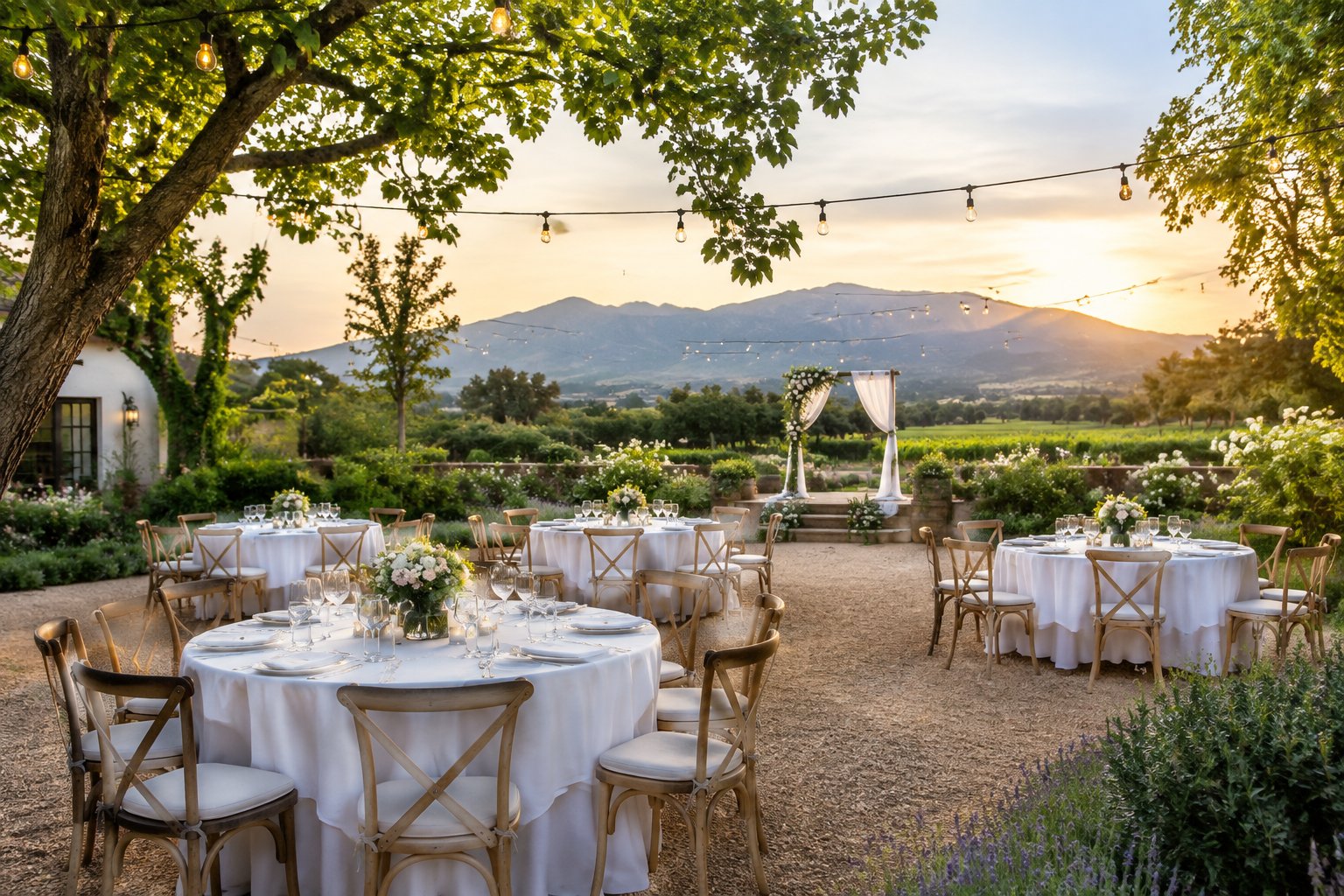A modest wedding venue with decorated tables, garden seating, string lights, and a ceremony arch.