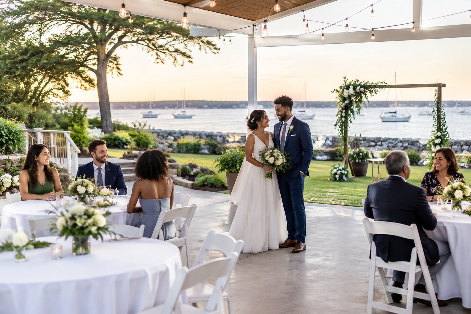 A couple celebrates with guests at an affordable wedding venue near a Long Island waterfront.