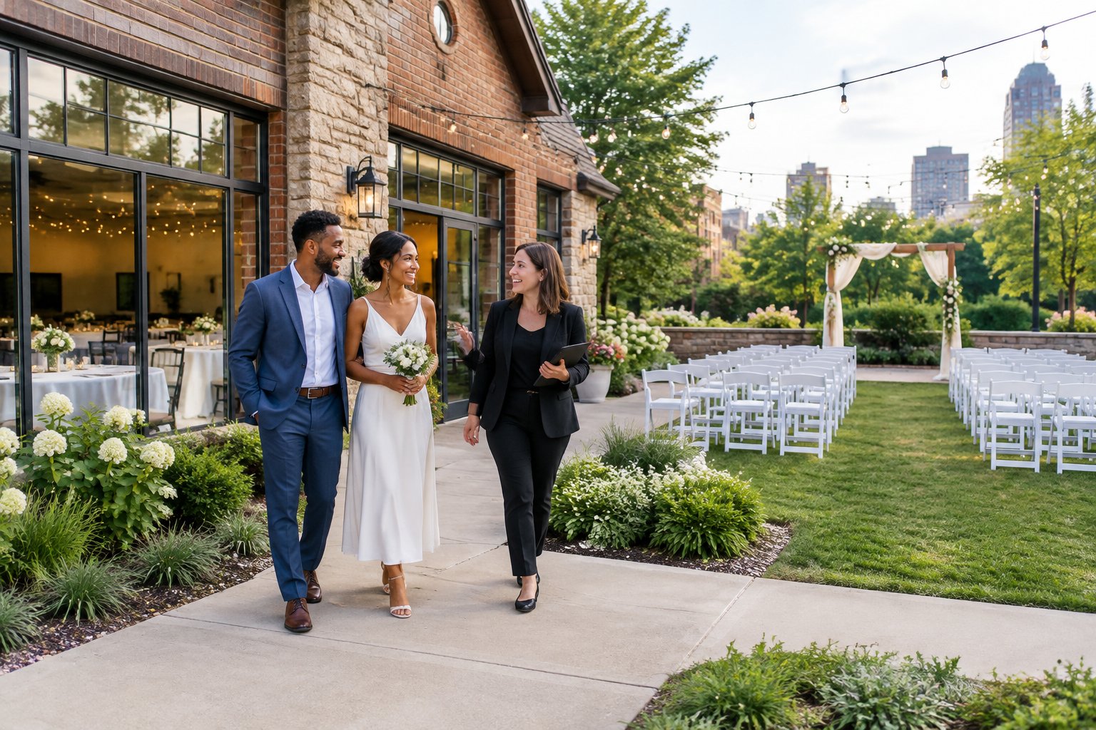 A couple tours an affordable wedding venue with an outdoor ceremony setup and simple elegant decorations.