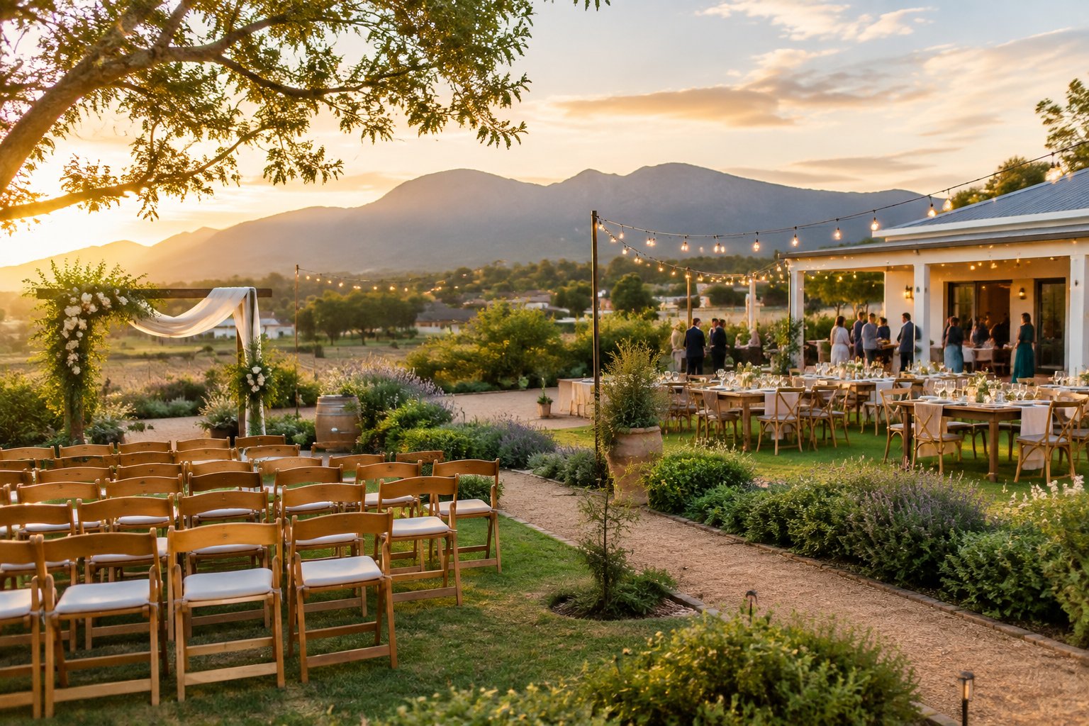 An affordable outdoor wedding venue with simple decorations, garden seating, and guests gathered in warm evening light.