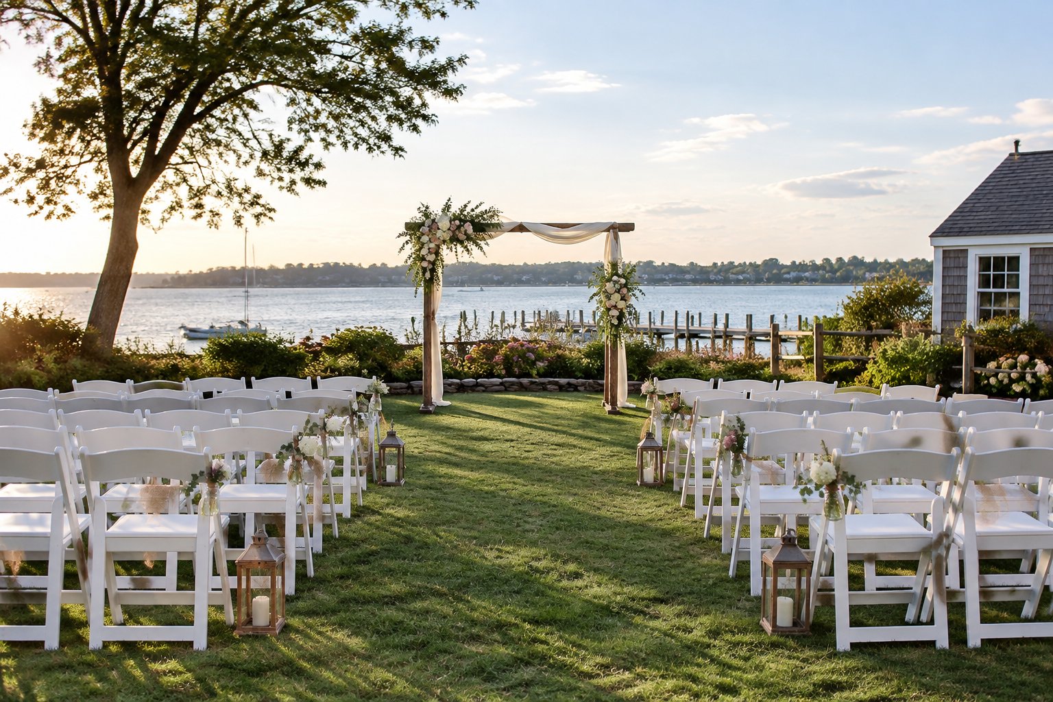 An intimate outdoor wedding setup with white chairs, simple flowers, and a modest waterfront venue.