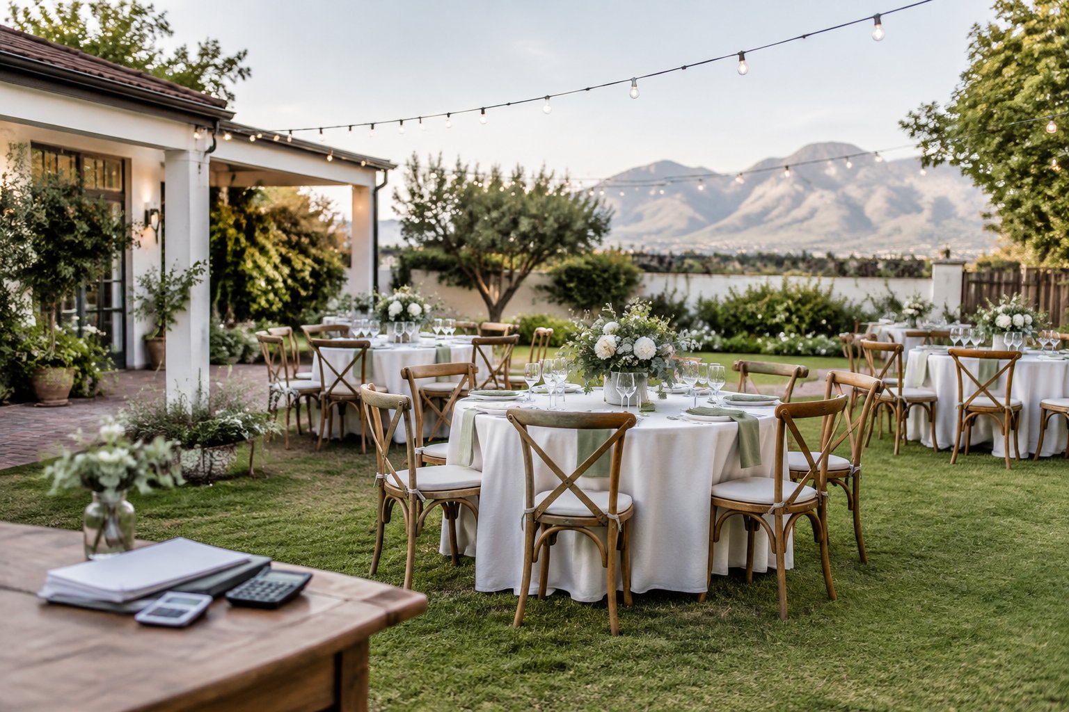 An intimate outdoor wedding reception set up at an affordable garden venue with simple tables, flowers, and string lights.