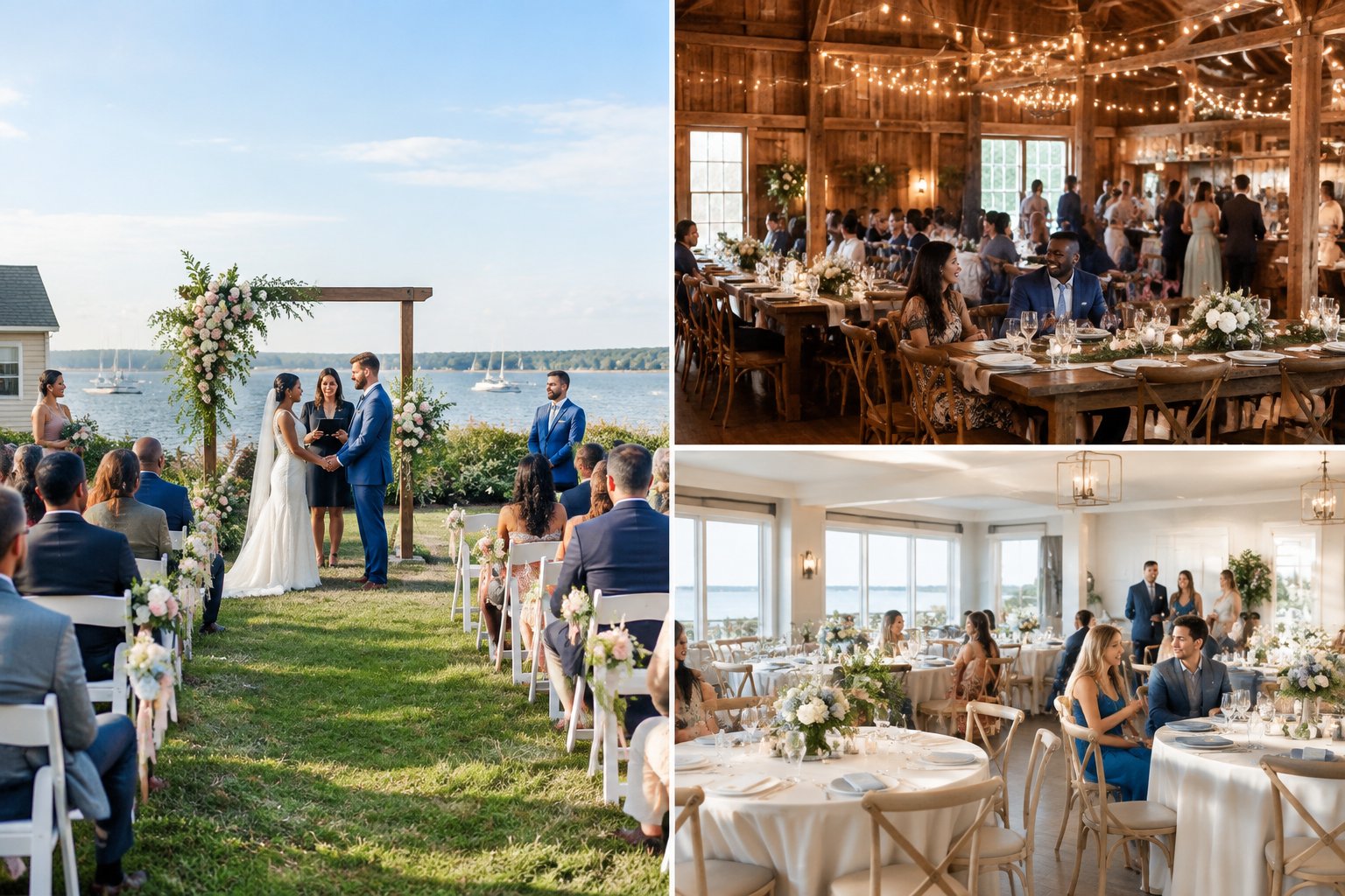 A wedding celebration taking place across a charming coastal venue with garden, barn, and indoor reception areas.