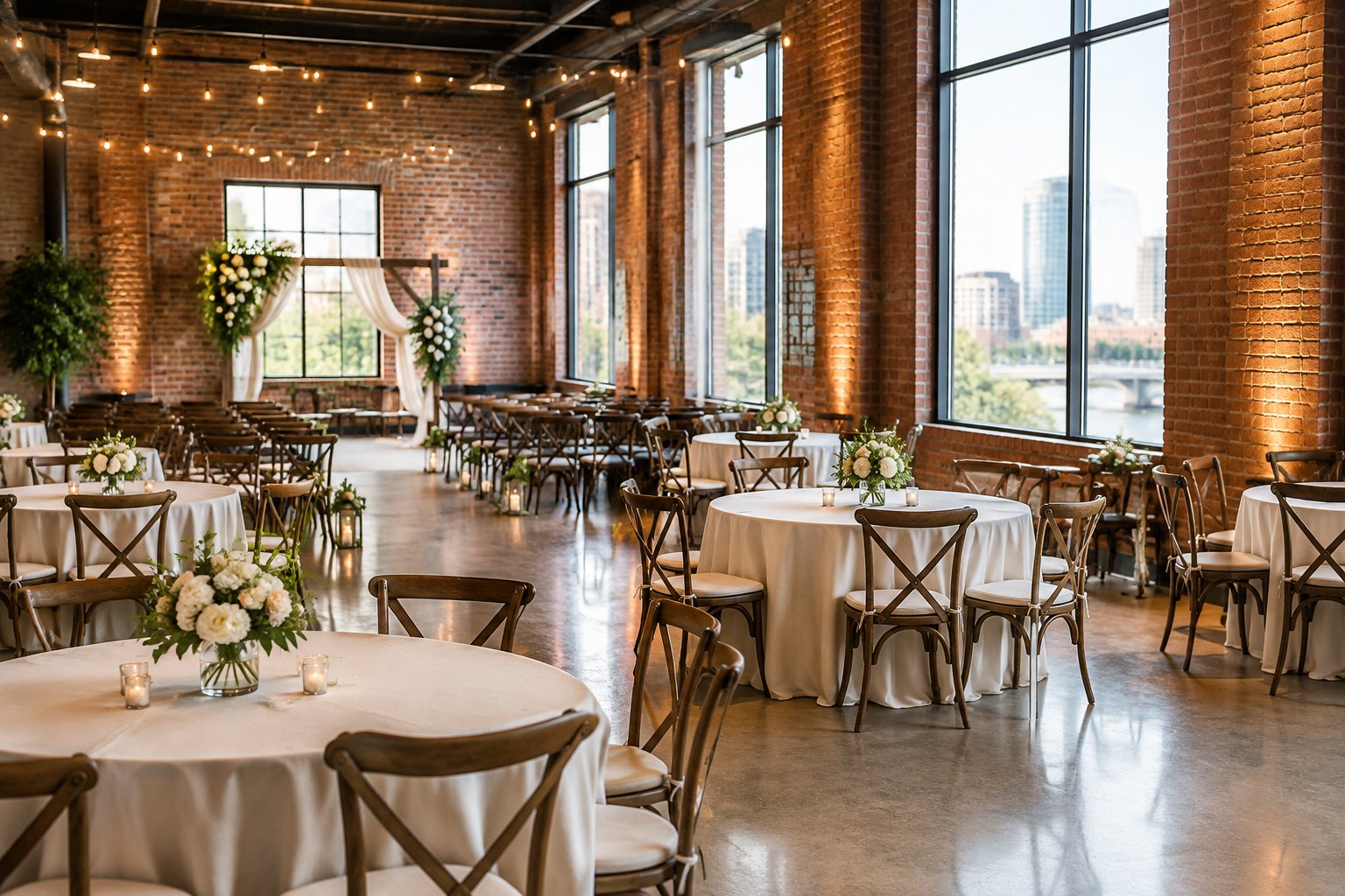 An affordable downtown wedding venue with brick walls, simple floral table settings, and warm lighting.