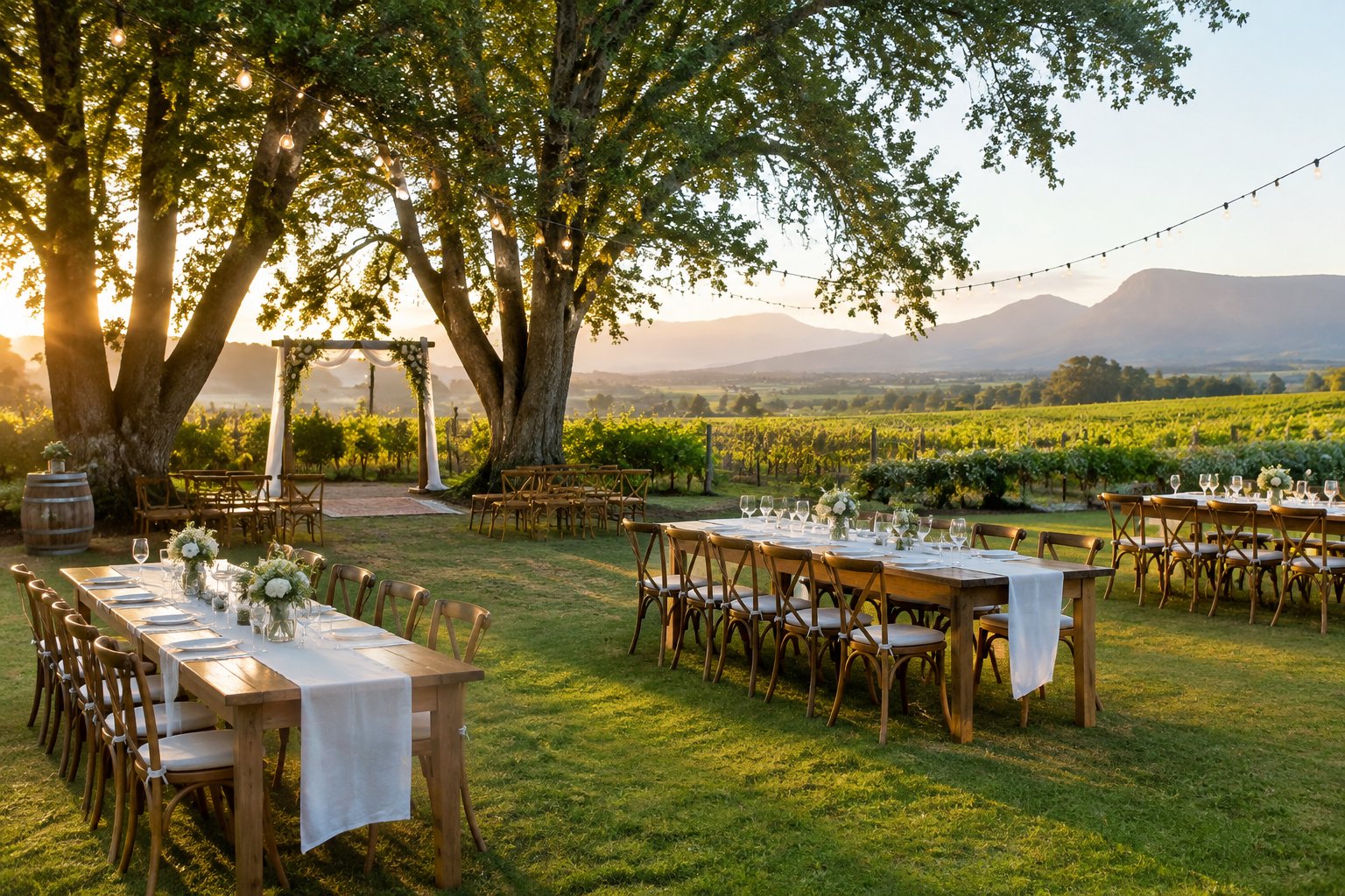 A modest outdoor wedding reception set up in a sunny garden beside a vineyard.