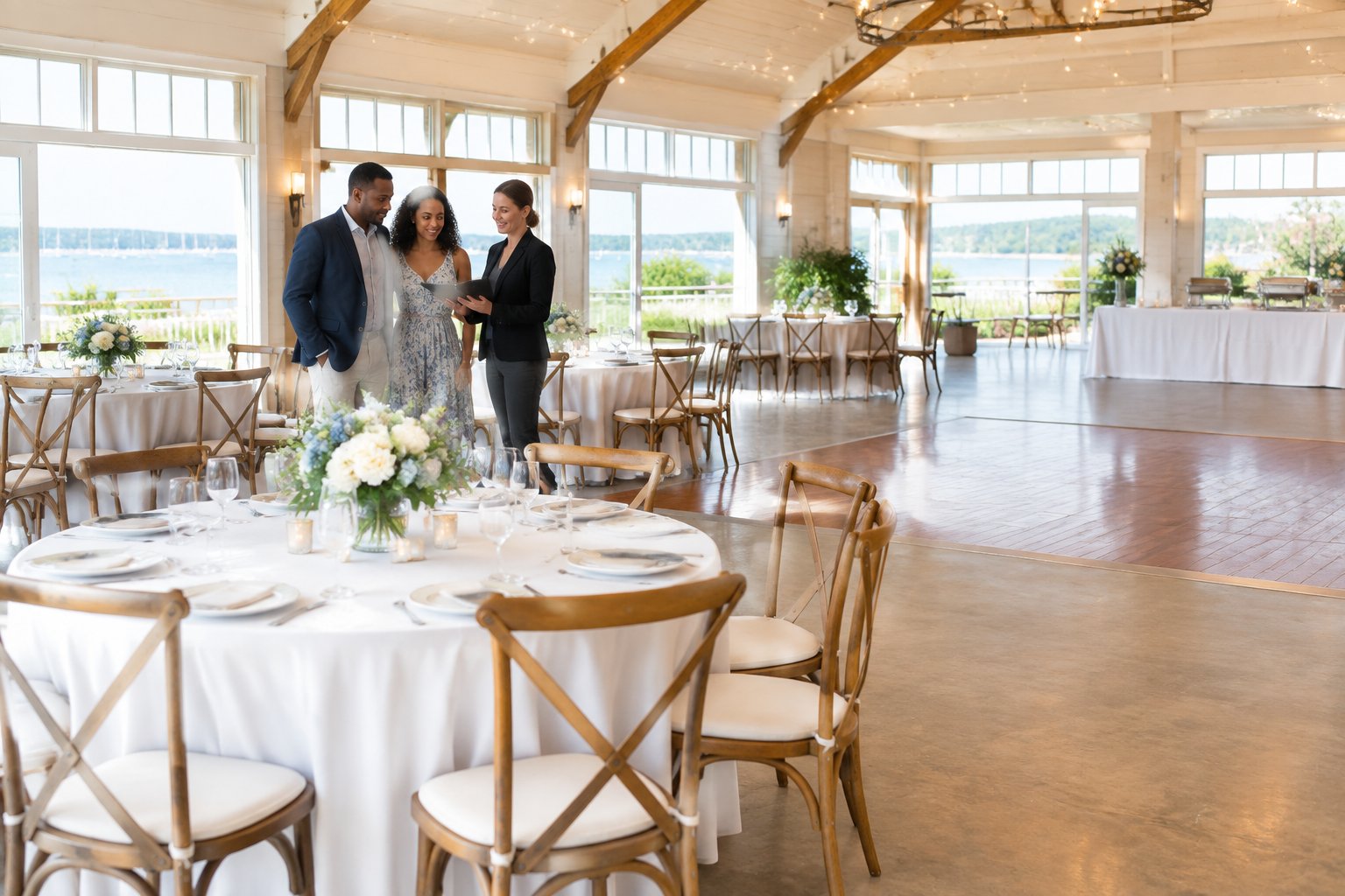 A couple and venue coordinator review seating arrangements in a bright wedding reception space.