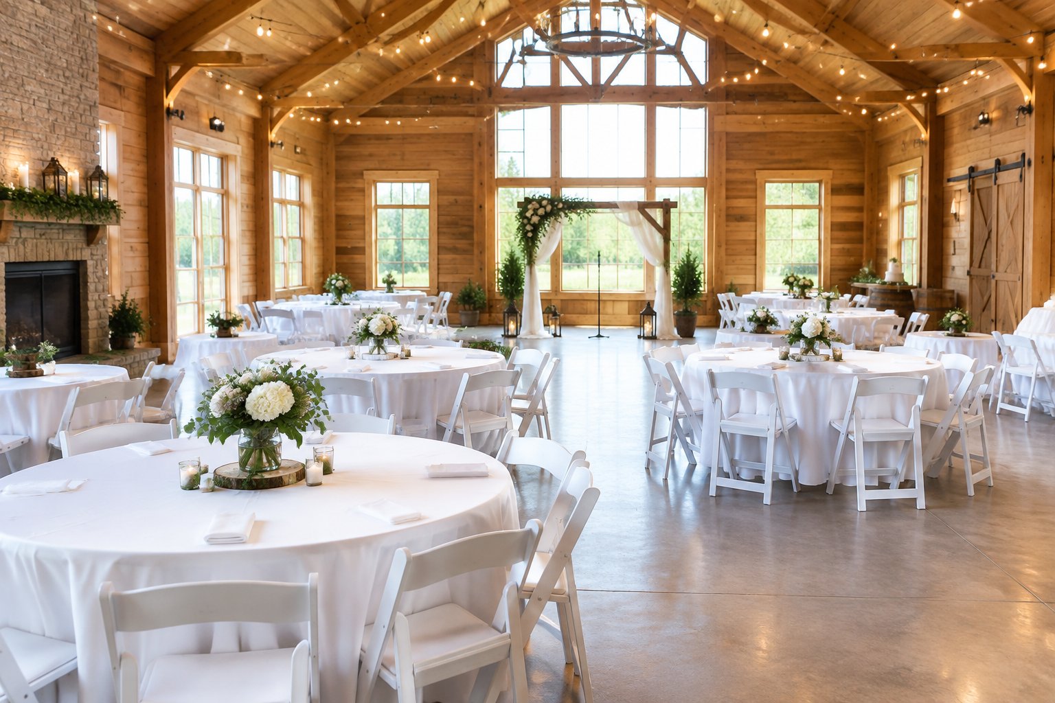 A warmly decorated, affordable wedding venue with simple tables, floral centerpieces, and string lights.