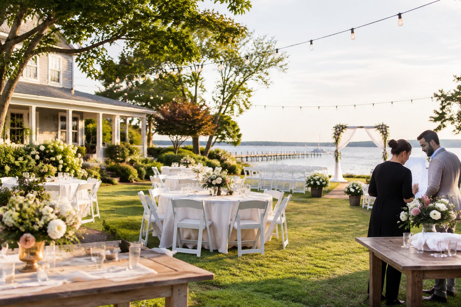 A couple reviews wedding plans at an affordable outdoor Long Island venue set for an intimate reception.