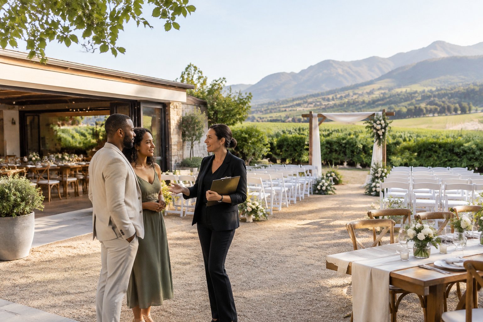 A couple tours an affordable wedding venue with outdoor seating and vineyard hills in the background.