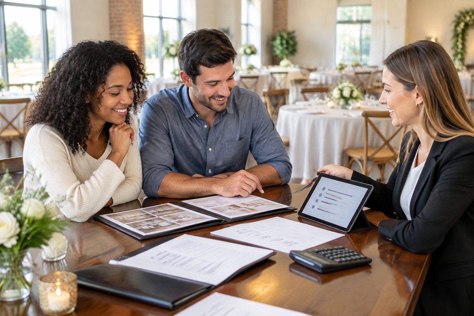 A couple compares wedding venue proposals with a coordinator at a reception venue.