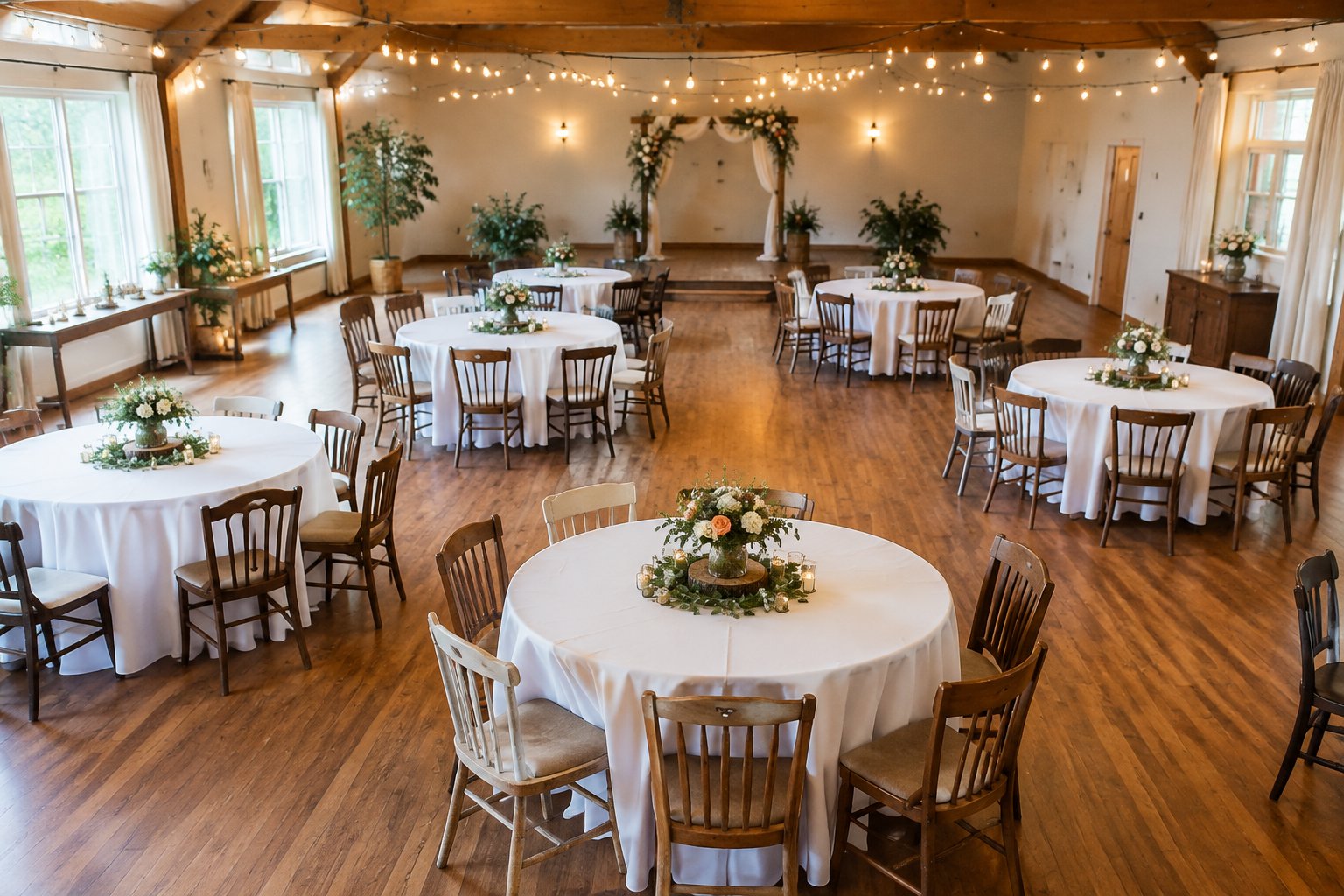 An intimate wedding reception arranged for about 50 guests in a modest decorated venue.