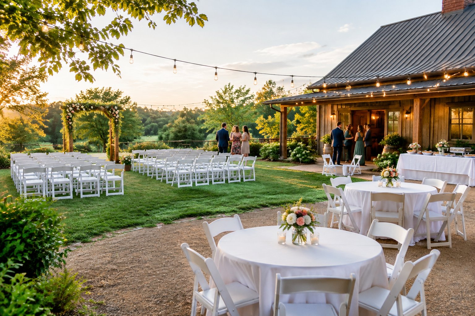 An intimate outdoor wedding setup with white chairs, simple floral decorations, and small reception tables at an affordable-looking venue.
