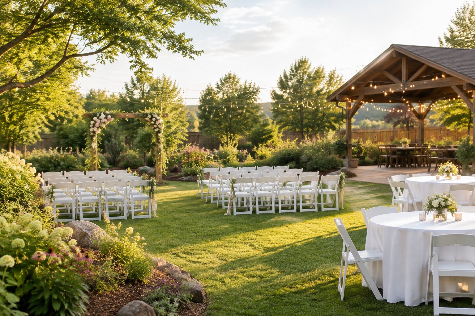 An intimate outdoor wedding setup with rows of white chairs, a floral arch, and simple reception tables in a garden venue.