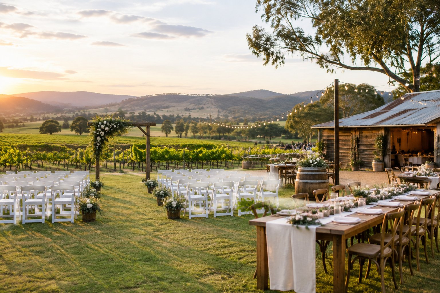 A simple outdoor wedding setup beside a vineyard with rolling green hills in the background.
