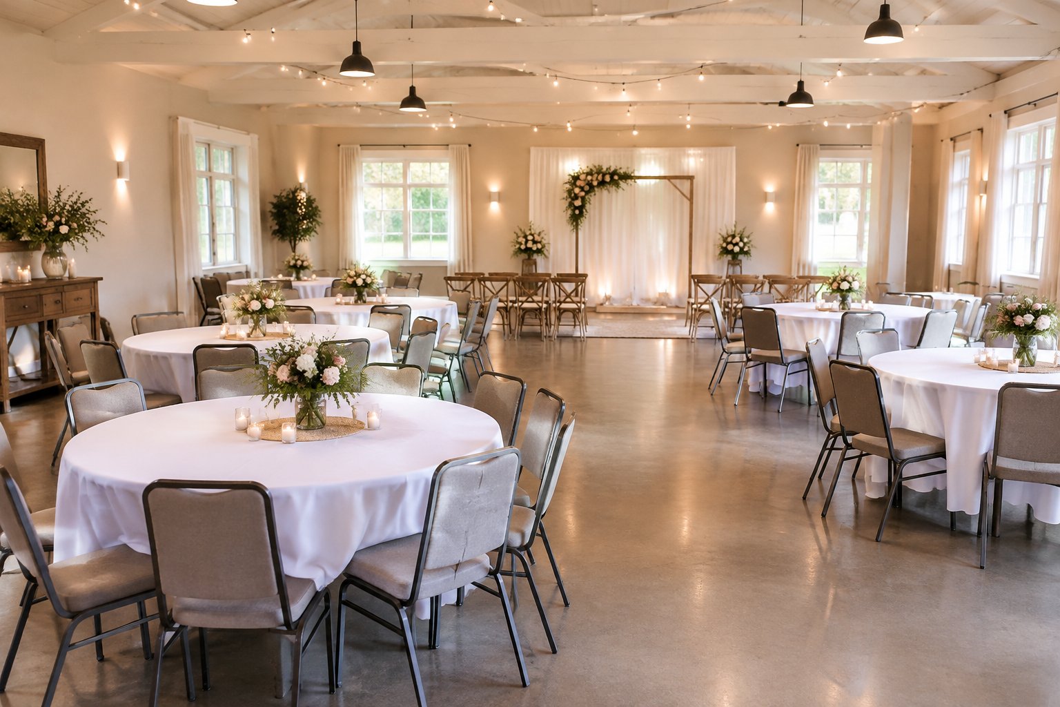 A modest wedding venue arranged with tables, chairs, simple flowers, and ample space for guests.