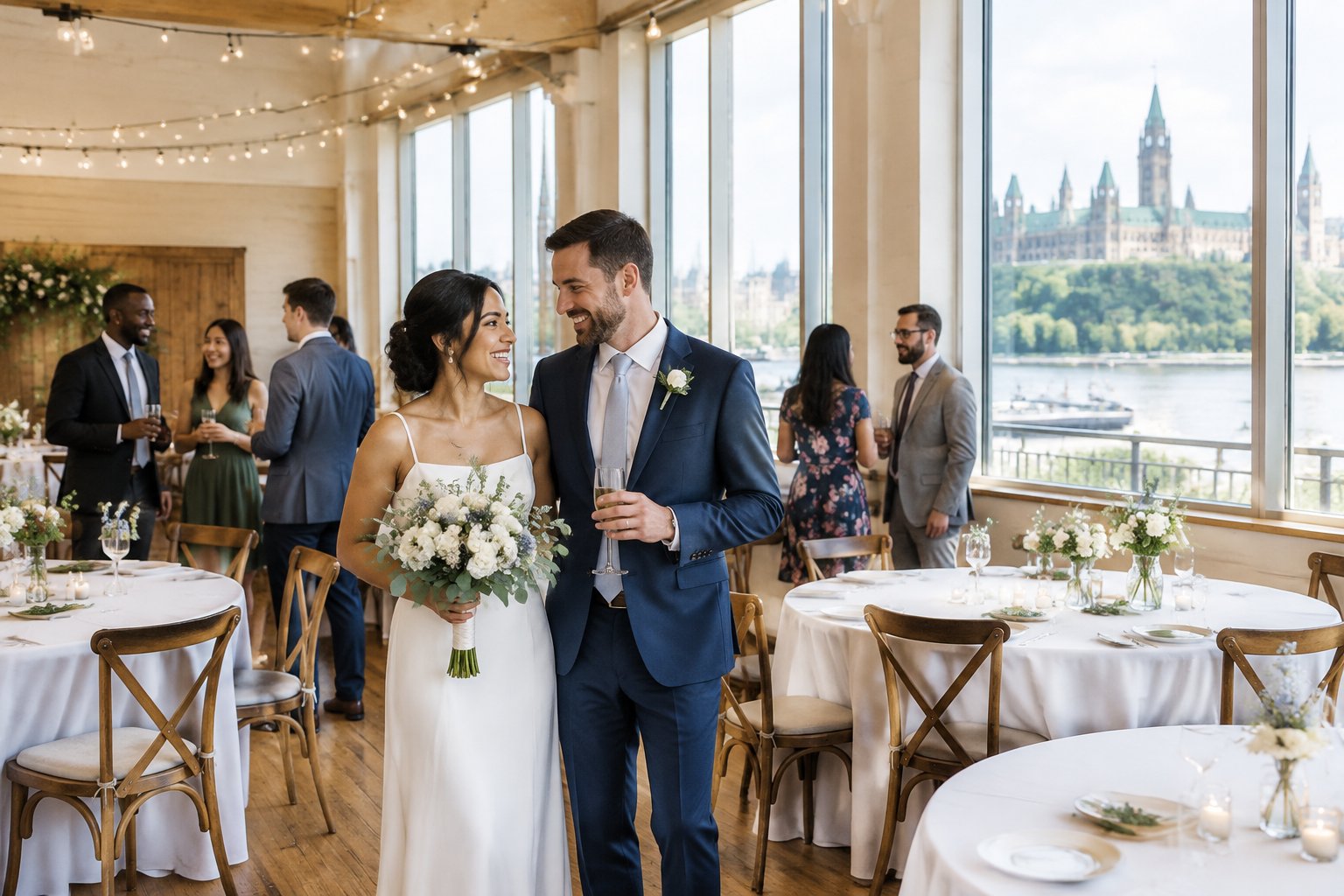 A newlywed couple and guests celebrate in a modest, warmly decorated Ottawa wedding venue.