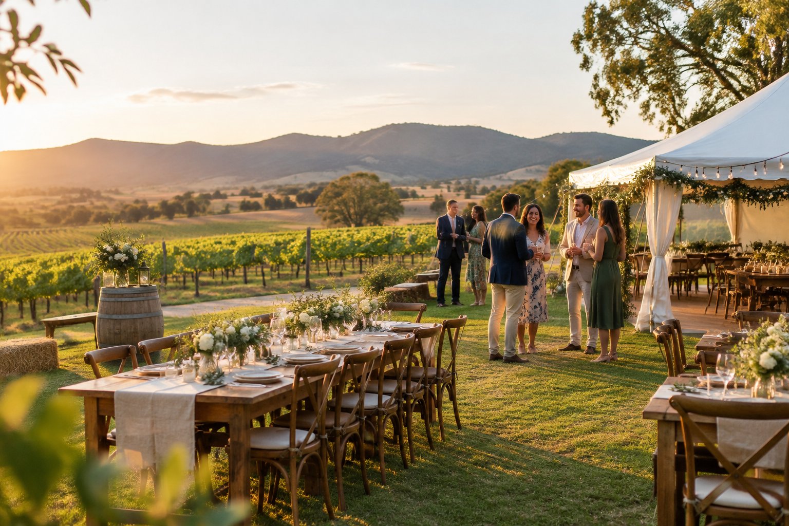 An intimate outdoor wedding reception at a rustic vineyard venue in the Hunter Valley.