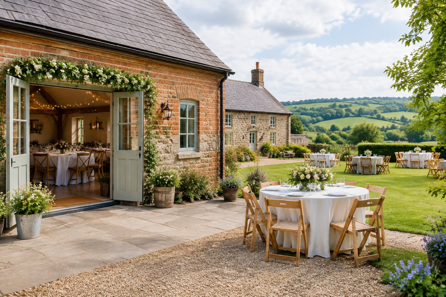 A charming small wedding venue with simple tables and chairs in a landscaped British countryside setting.