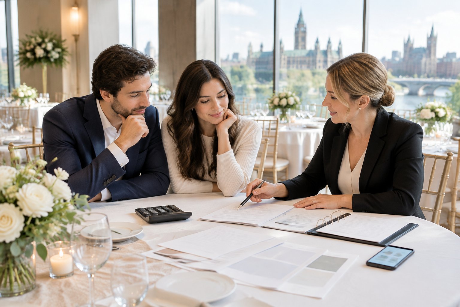 A couple compares wedding venue expenses with a planner at a bright reception venue in Ottawa.