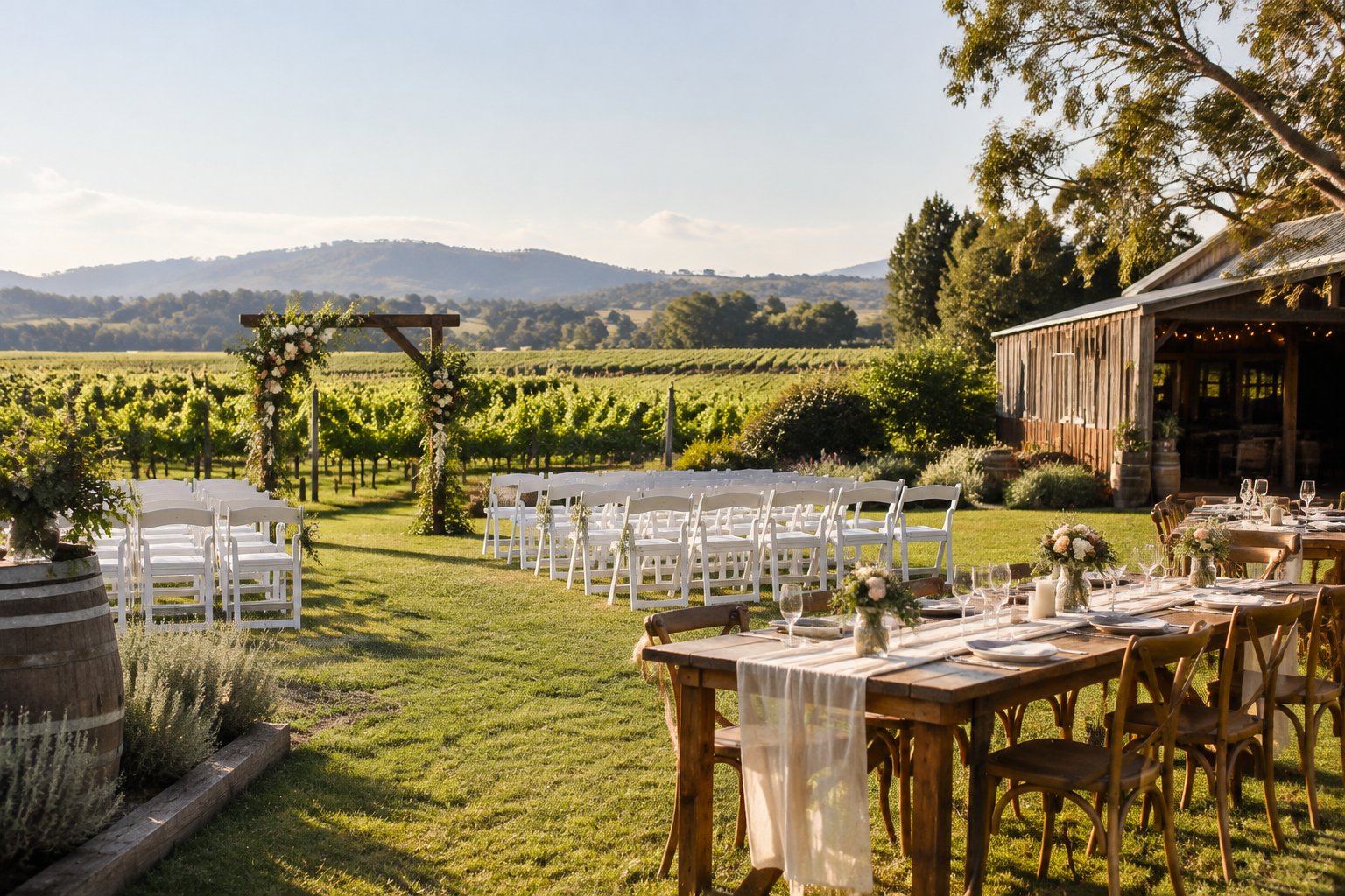 A simple outdoor wedding setup at a vineyard surrounded by green hills.