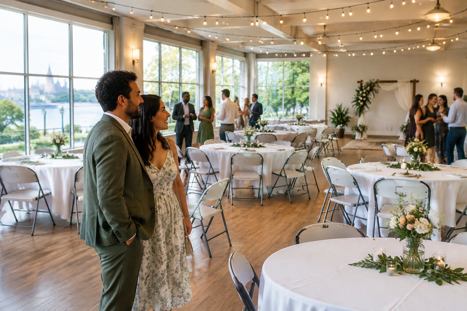 A couple views an affordable wedding reception setup in a bright community venue.