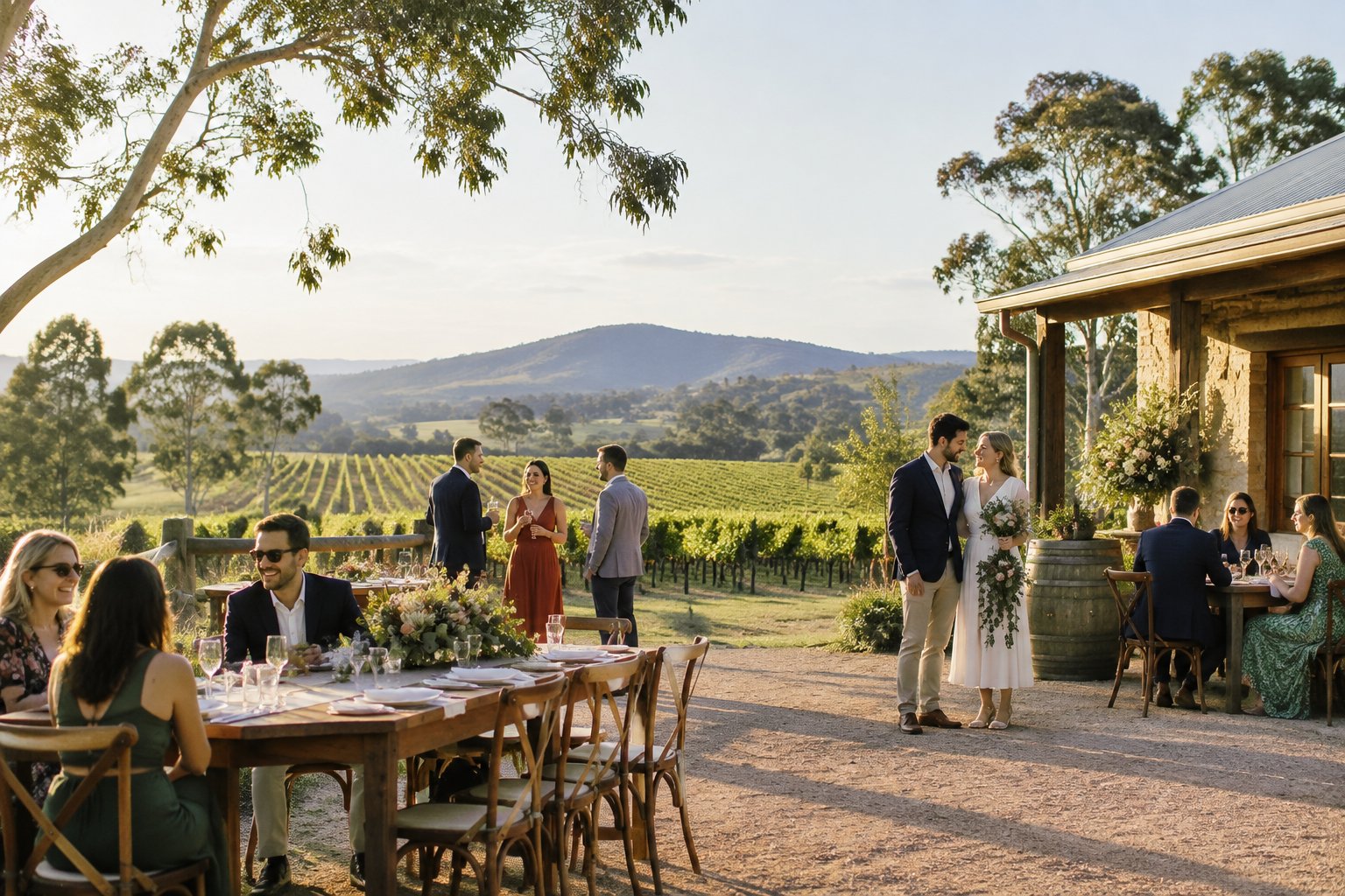 A small wedding celebration at a rustic vineyard venue surrounded by green hills.