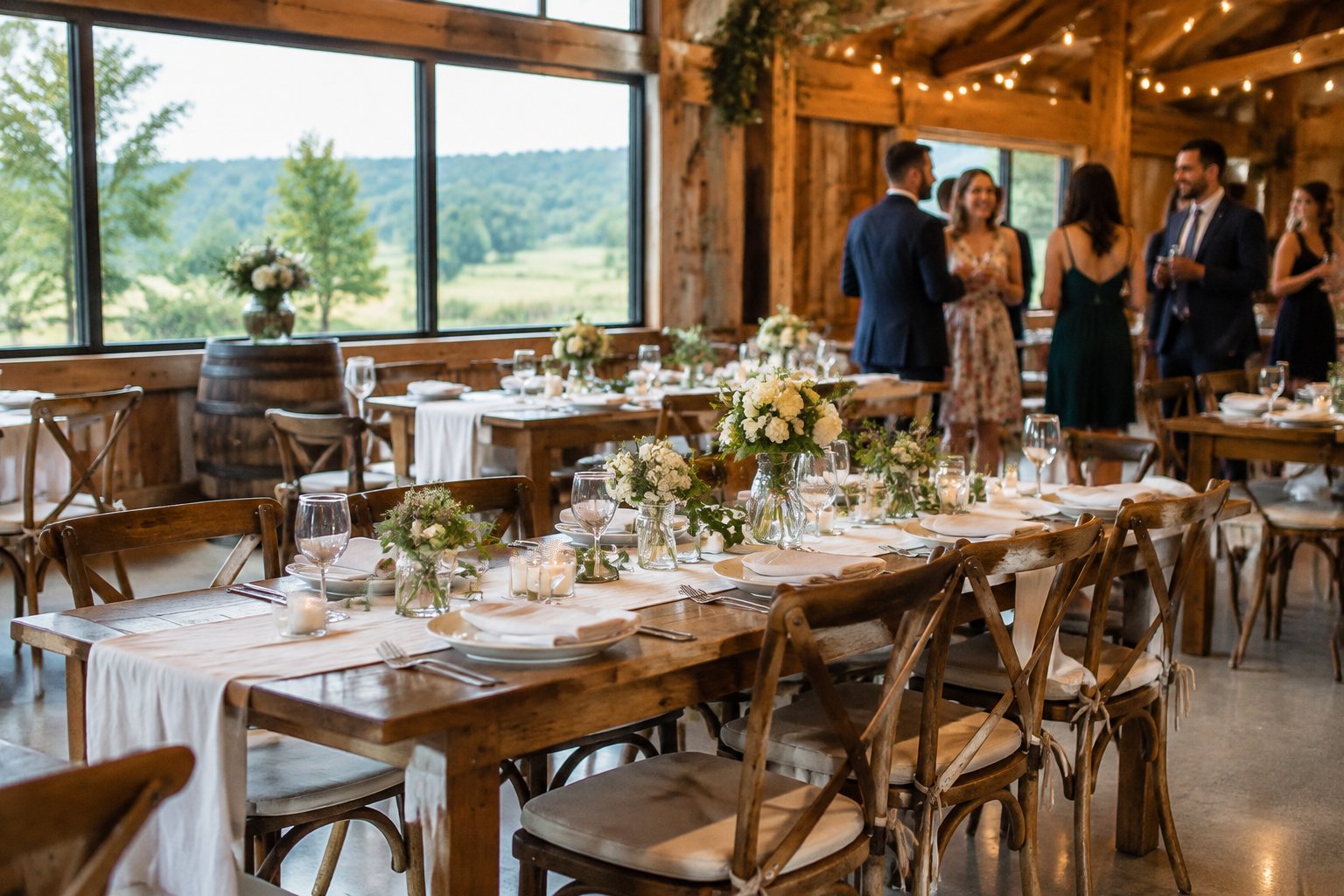 A modestly decorated wedding reception venue with floral arrangements, wooden tables, string lights, and guests near a scenic rural landscape.