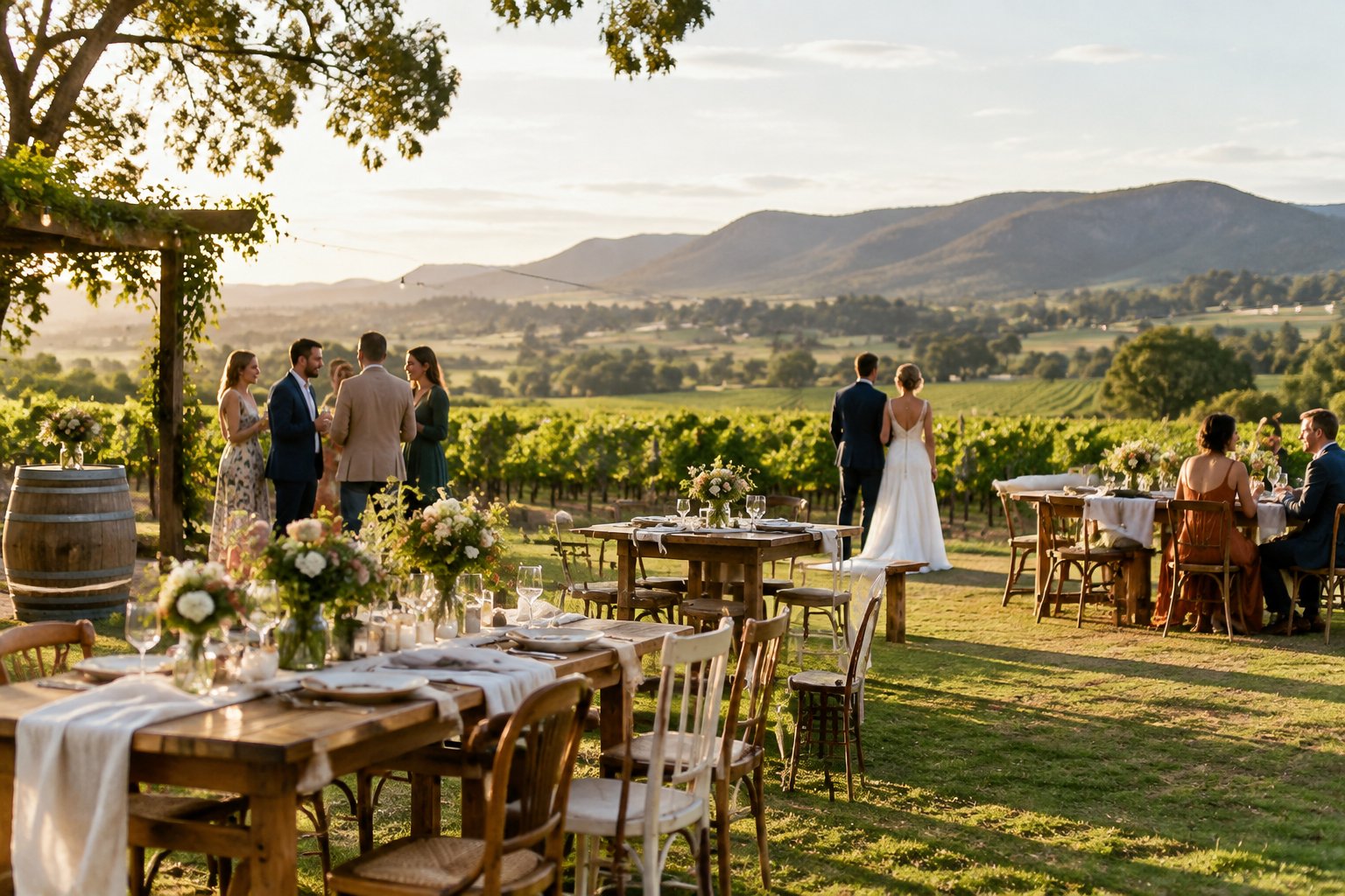 An intimate outdoor wedding reception at a vineyard surrounded by green Hunter Valley hills.